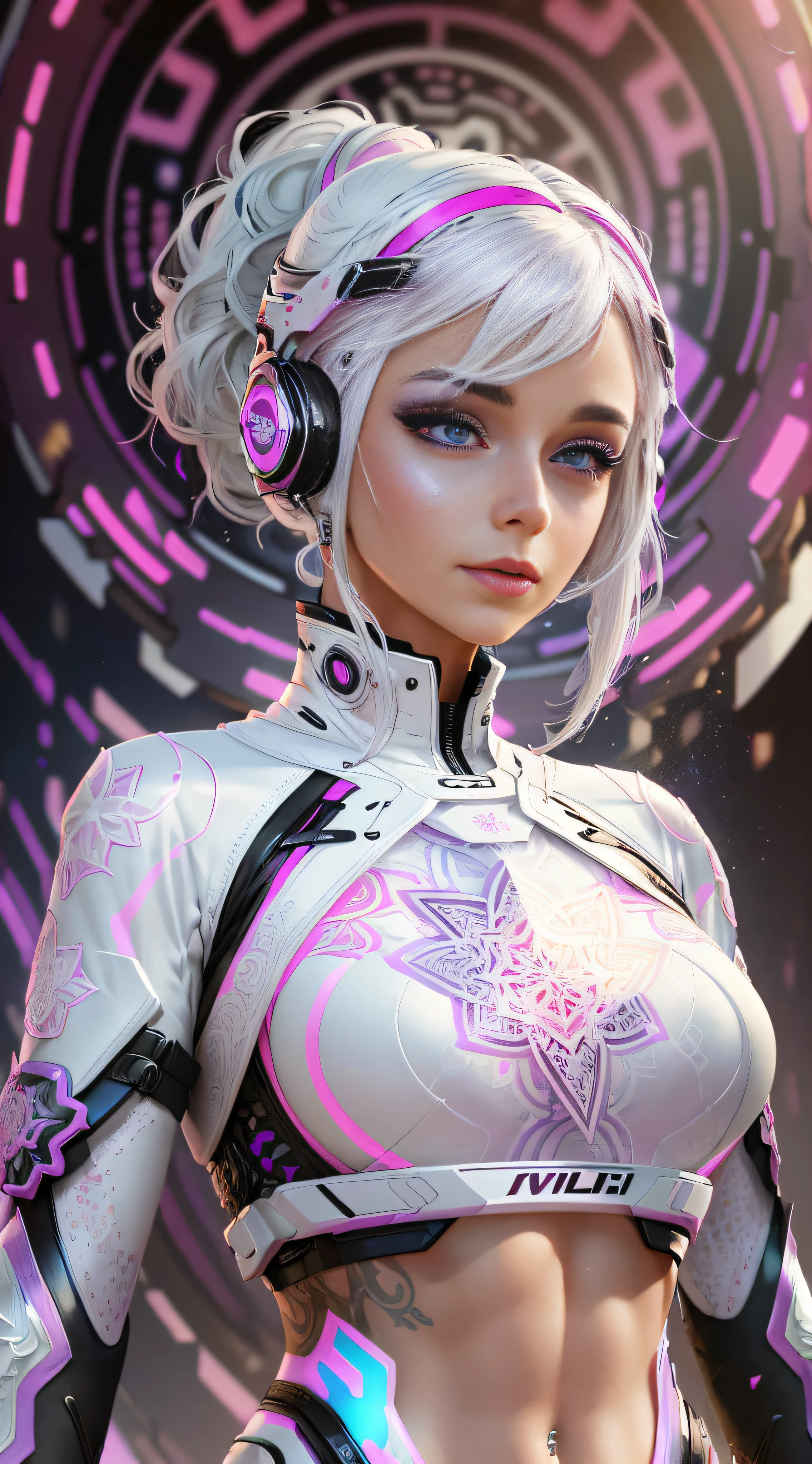 pink,lilac,glossy white, (white hair woman),tattoos, (techwear fluidmetal clothes:1.1),reflective,cinematic lighting,mandalas and fractals background