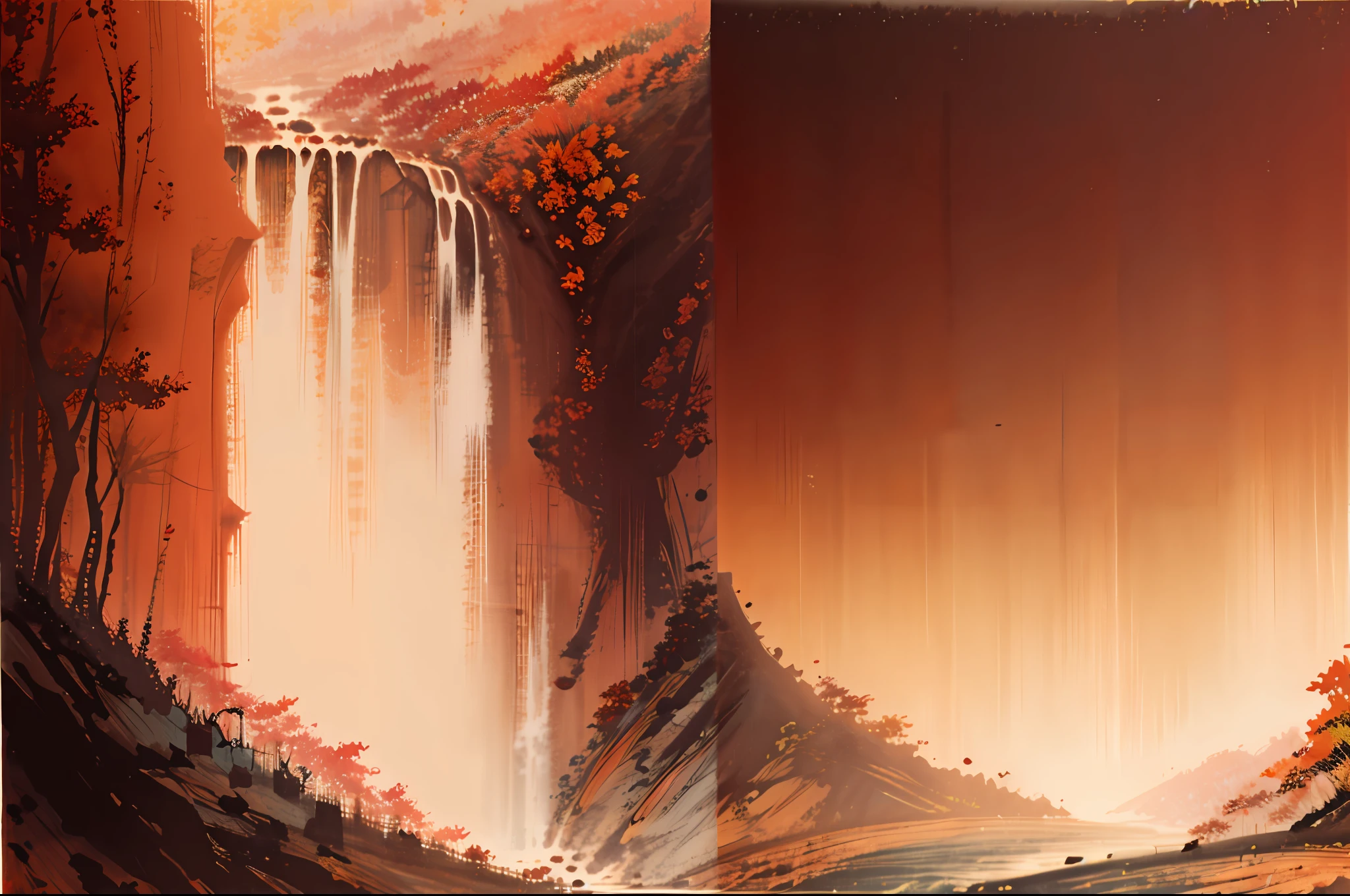 waterfall in a forest, copper and gold, autumn, fantasy, highly detailed, matte painting