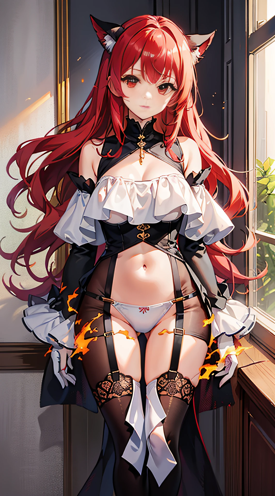 Anime girl standing in bedroom with legs crossed，Long bright red hair，Bright red hair，Orange-red eyes，Big wavy long hair，Melon seed face，A coquettish expression，White sleeves，White sleeves，White gloves，pink lace，Anime fire element，White bandeau，white bandeau bikini，Medieval women's belt，Black waist tunic，Royal style，blacksilk，black lence stockings，Lace trim on the legs，black micro skirt，cropped shoulders，Frontal photo，fully body photo，Stand with your legs crossed，fully body photo，do not show feet，ultraclear，Ultra high quality，tmasterpiece