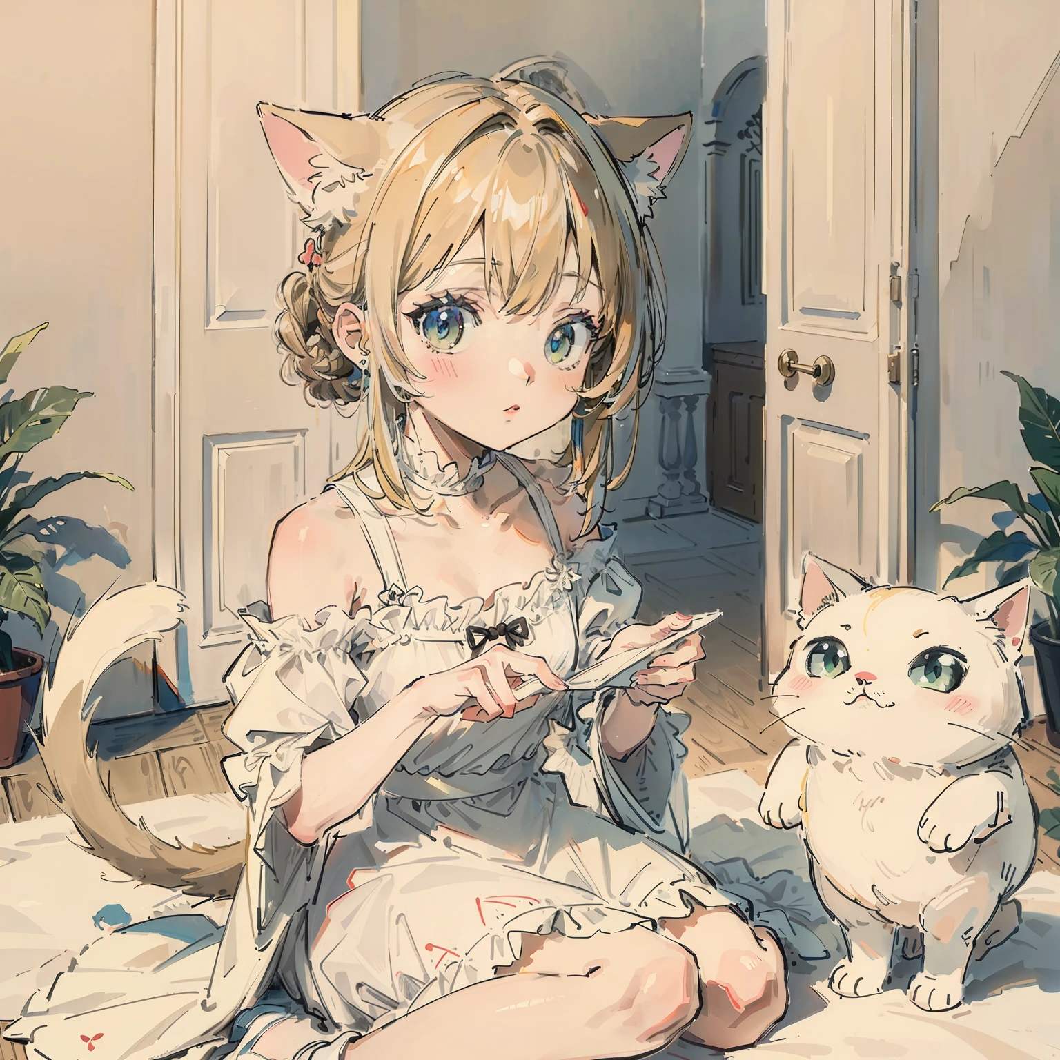 top-quality、masterpiece、White Dress、Take a cute cat、