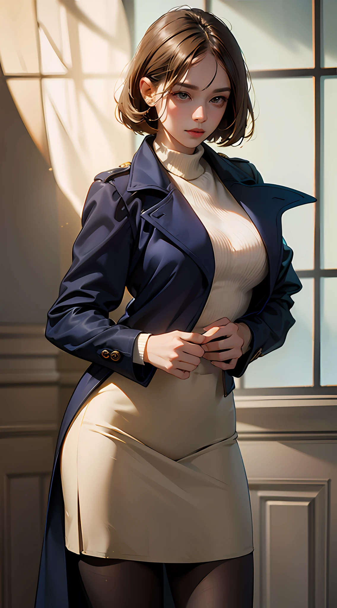 PM, (Dark blue knitwear and beige trench coat:1), Golden Fringe Shorthair, Light brown eyes, 1girl in, 20yr old, Innocence, (Photorealsitic), (​masterpiece, :1.3),(top-quality:1.4), (超A high resolution:1.2), 超A high resolution, (A detailed eye), (detailed facial features), nffsw, 8K分辨率, (lensflare:0.7),Colossal tits、tights