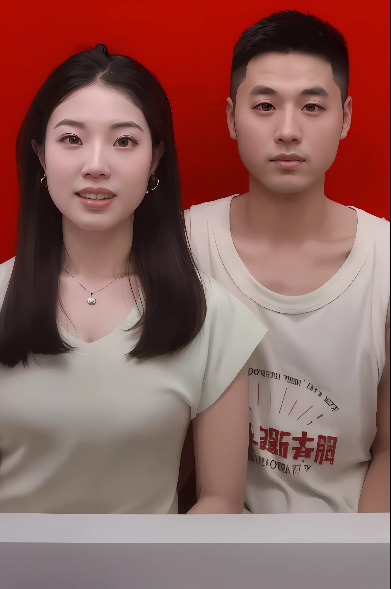 In front of the red wall stood two people, Ruan Jia and Fenghua Zhong, yanjun cheng, inspired by Zhang Xiaogang, portrait of two people, xue han, cute couple, zmonzheng, couples portrait, with acient chinese clothes, inspired by Xi Gang, wenfei ye