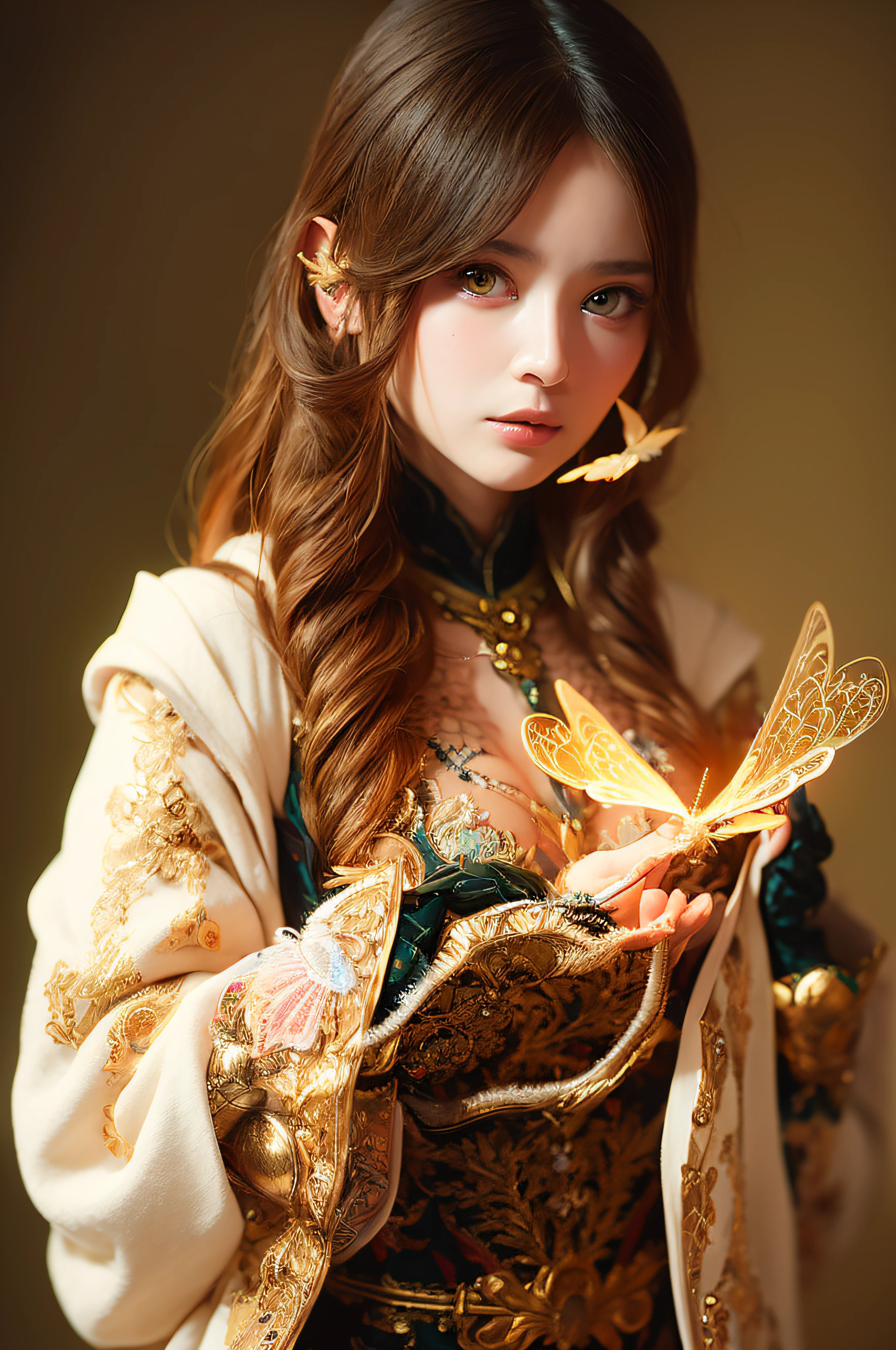 1girl, 8k, intricate, elegant, highly detailed, majestic, digital photography, art by artgerm and ruan jia and greg rutkowski surreal painting gold butterfly filigree, broken glass, (masterpiece, sidelighting, finely detailed beautiful eyes: 1.2), hdr, full_body, magic wand, water binder