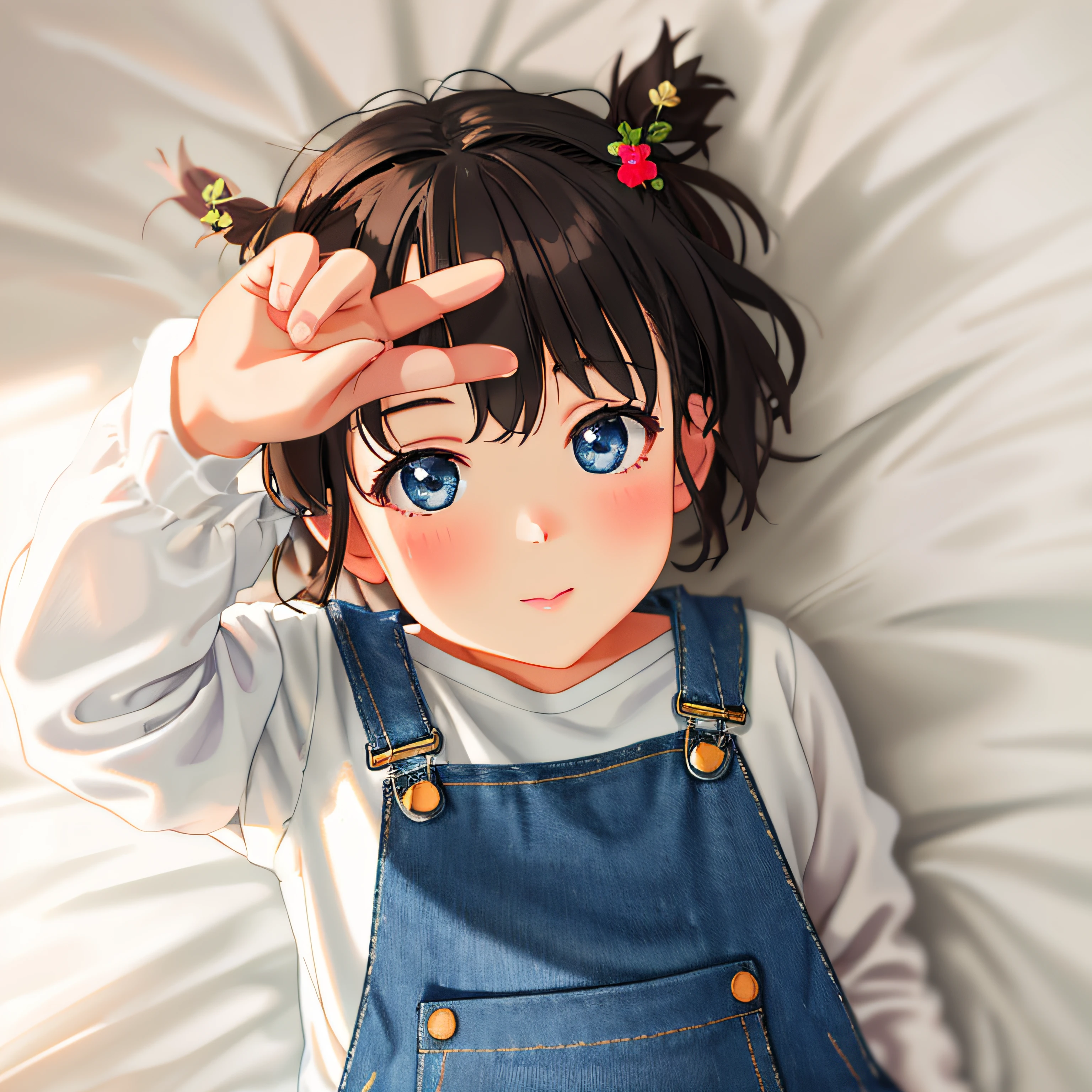 depth of field, best quality, masterpiece, highres, 8k,Sweet little girl,Denim overalls,T-shirt