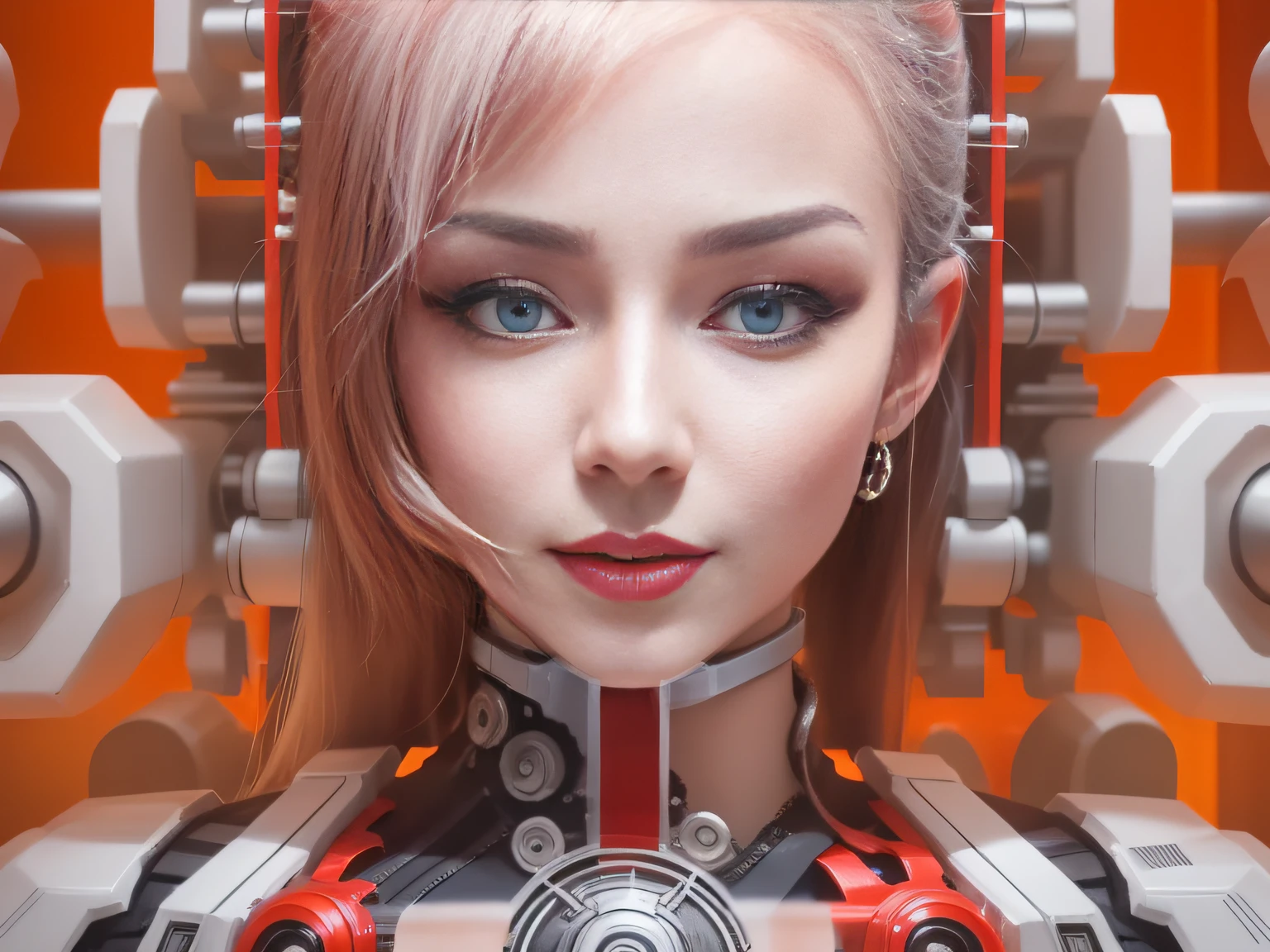 Highest image quality，Outstanding details，超高分辨率，（Fidelity：1.4），The best illustration，Favor the details，closeup cleavage，A mech girl，He has a delicate and beautiful face，（（Red and white semi-mechanical body：1.8）），Raised sexy，，cleavage，onbed，frontage，cyber punk perssonage，Futuristic，mechanically aesthetic，Complex machinery，The background is a high-tech lighting scene in the future city，Virtual Engine 5，Perfect detail rendering，rendering by octane，hyper HD