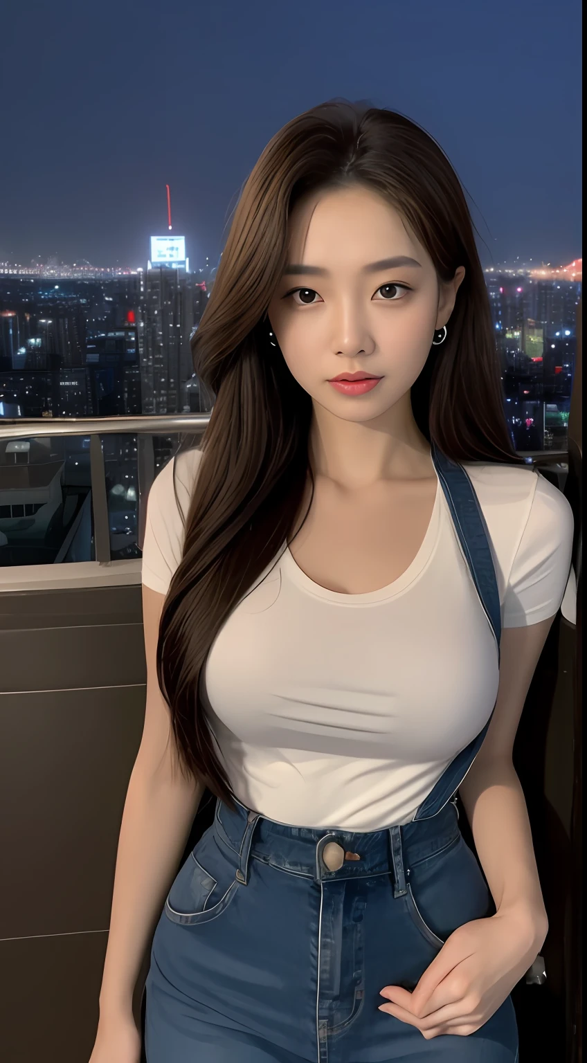 ((Midnight, Best quality, 8k, Masterpiece :1.3)), Whole body, Long legs, Sharp focus :1.2, A pretty woman with perfect figure :1.4, Slender abs :1.1, ((Dark brown hair, Big breasts :1.2)), (White tight tshirt, Jean bib, Standing:1.2), ((Night city view, Rooftop:1.3)), Highly detailed face and skin texture, Detailed eyes, Double eyelid