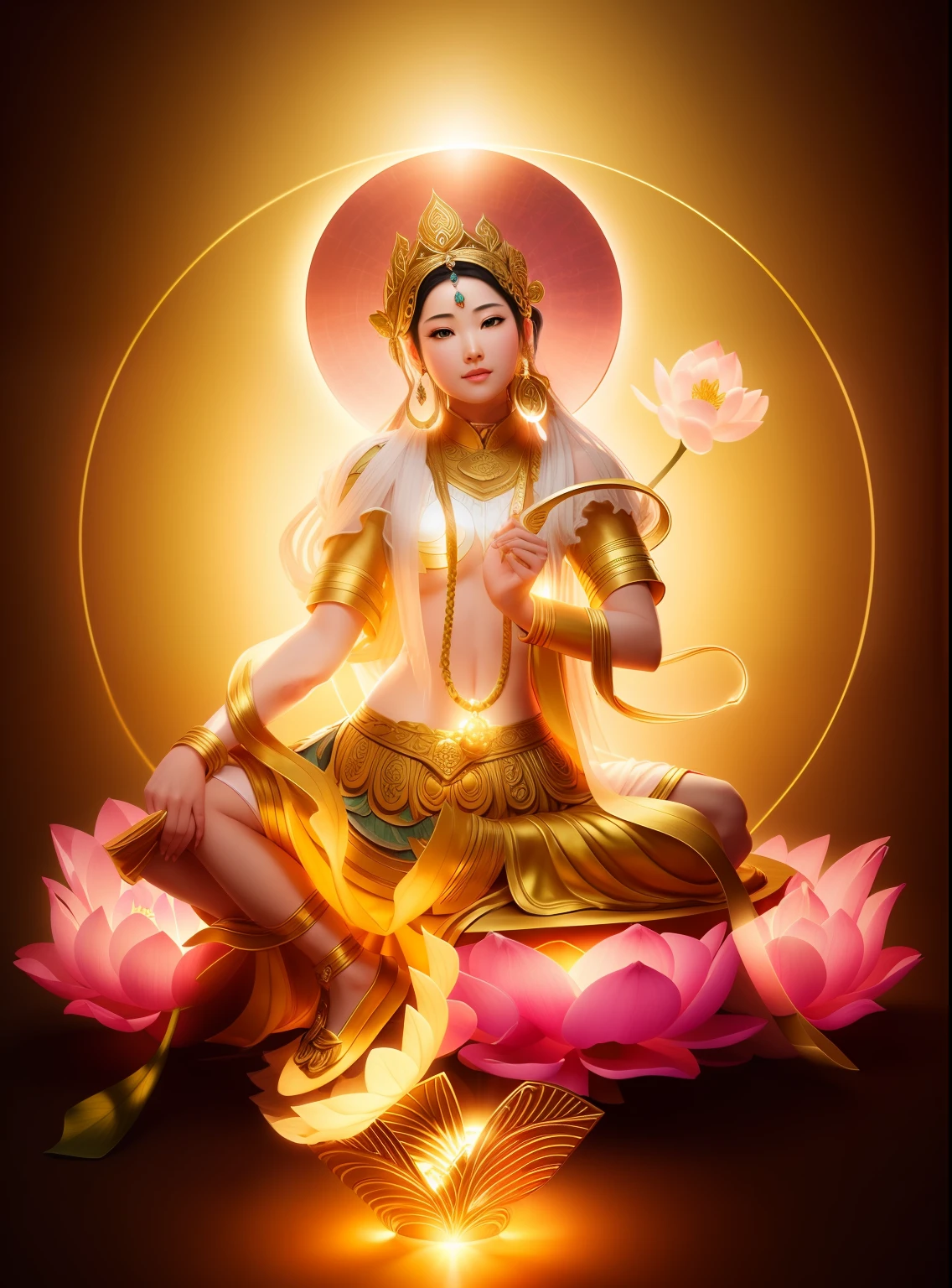 Goddess of beauty with green skin，Sitting on a lotus flower holding a lotus flower, （（Pink lotus）），Wear a light brown dress，The skin is delicate and white，crown，Yingluo，Anatomically correct UHD curate，超高分辨率， best qualtiy， photore， 8K， （realisticlying： 1.2），A golden glow overhead（The halo：1.2），golden headdress，Brighter，tmasterpiece，best qualtiy，Complicated details，Light environment and crystals in the background，crystal，Portal of the future，3D light，k hd，magia，God of Light，The light from the back window is backlighted，详细的脸，depth of fields，Gentle lighting，Tone-mapping，highly  detailed，concept-art，Smoothness，Clear focus，Dramatic lighting，highly detailed art，cinematic ligh，8K，amazing shadows（highly detailed back ground：1.2）an ancient Chinese goddess, Sit gracefully on a lotus, gilded lotus princess, Pink Lotus Queen, Realiy, sitting on a lotus flower, Lotus，3Drenderingof。