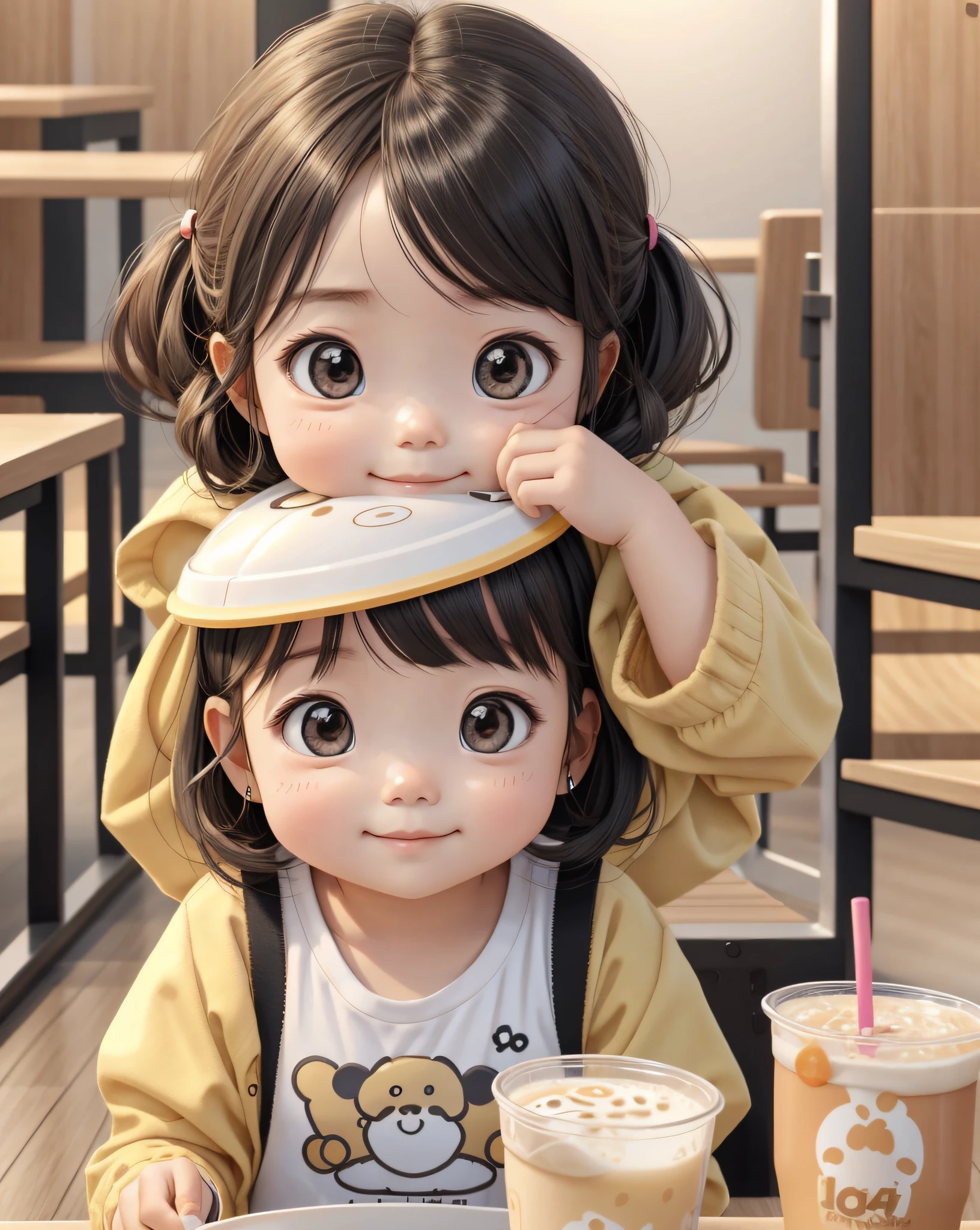 Best quality at best，1girll， a ， ssmile， adolable， C4D，Idle，drinking milktea，Unhappy