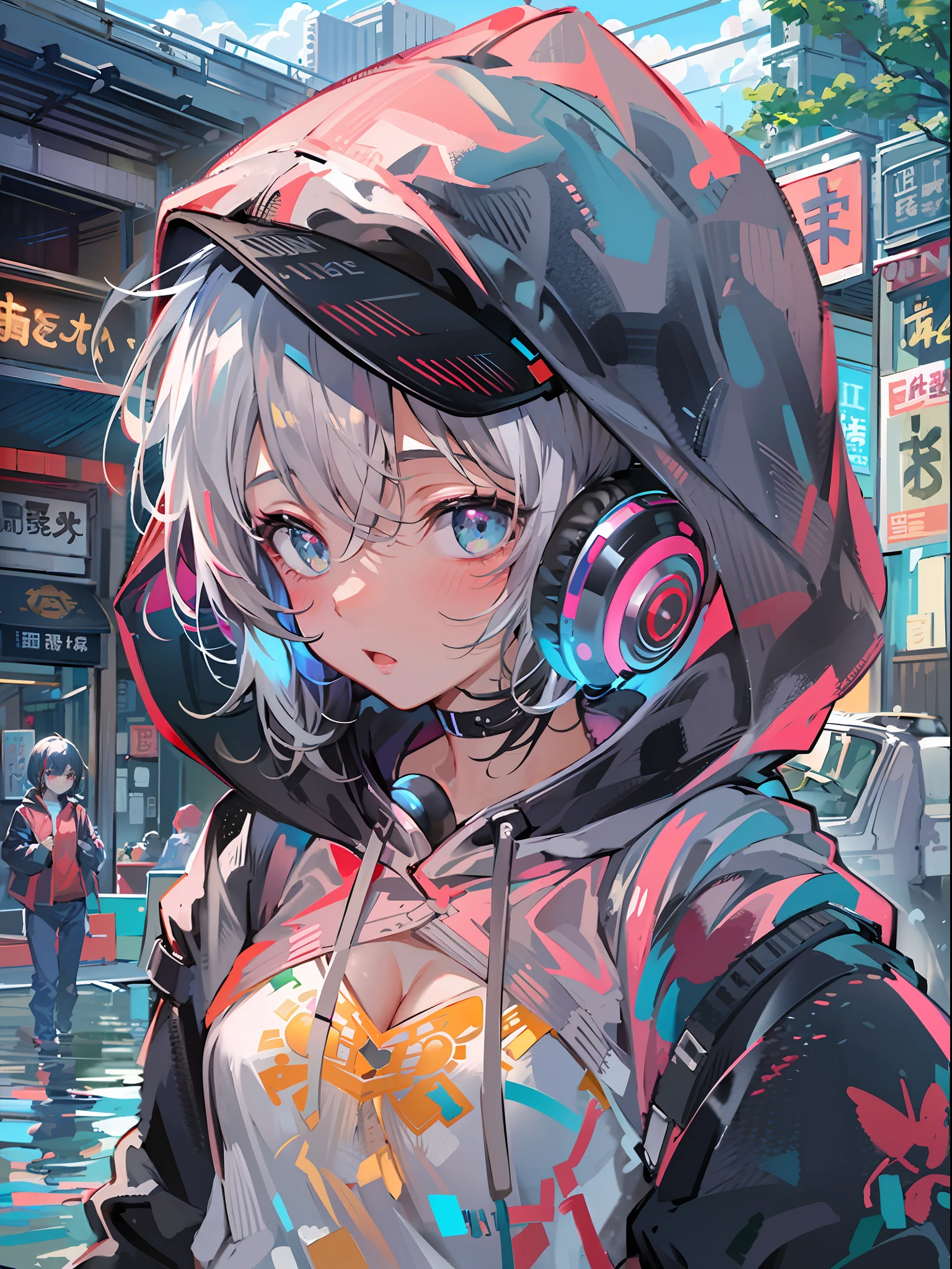 8K分辨率、((top-quality))、((masterpiece))、((ultra-detailliert))、1 woman、独奏、incredibly absurdness、Oversized hoodies、headphones、Street、plein air、Sateen、neons、Shortcut Hair、Brightly colored eyes、Hands in pockets、shortpants、water dripping