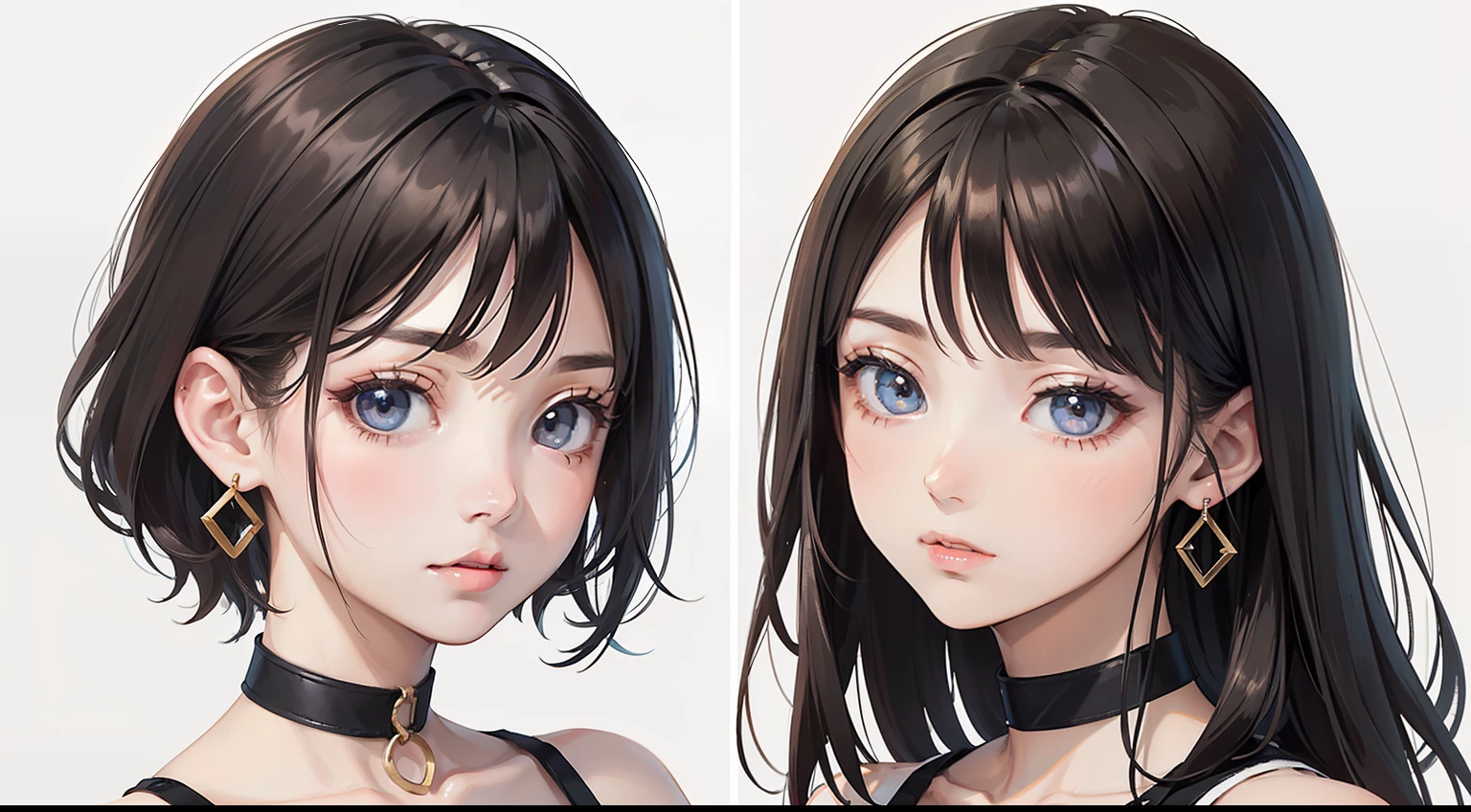 (tmasterpiece, best qualityer, 1girll, 独奏, Complicated details, color difference), (The skin), 1girll, ((Medium breathing)),(brunette color hair,bluntbangs),Detailed hair, Small earrings, sharp sharp eyes, choker necklace,((Black crop top cutout)), denim short,(Symmetrical eyes),(Perfectly symmetrical body), ((natural soft light))),(looki at viewer),(Center the lens,from the front side,(Face and waist))