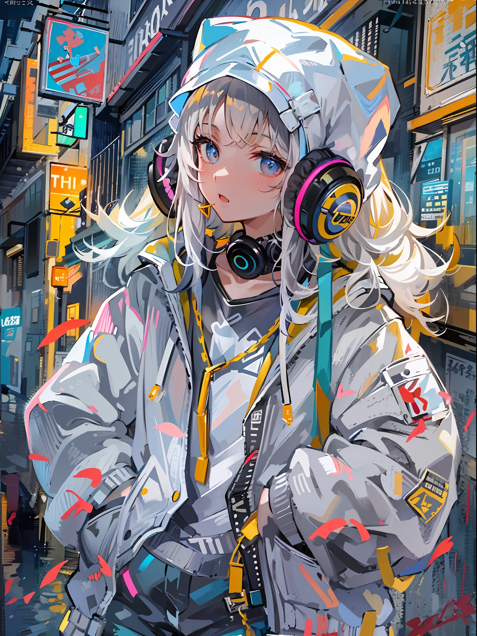 8K分辨率、((top-quality))、((masterpiece))、((ultra-detailliert))、1 woman、独奏、incredibly absurdness、Oversized hoodies、headphones、Street、plein air、Sateen、neons、Shortcut Hair、Brightly colored eyes、Hands in pockets、shortpants、water dripping