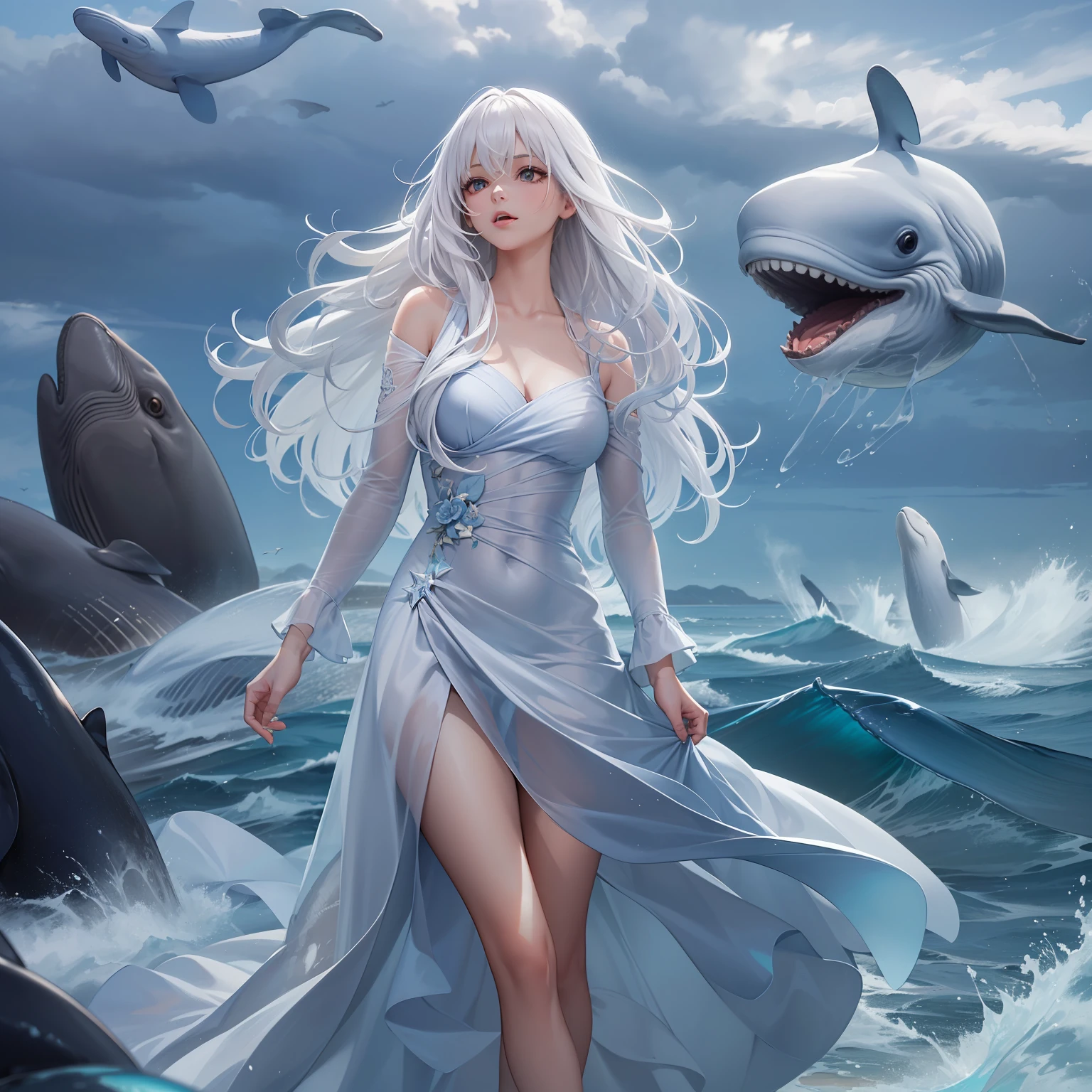 1 girl,frontage,long layered silvery white hair,with a touch of blue,Short white dress,high-heels,standing on the sea side,Whales leap out of the sea,8K quality,A detailed,High value