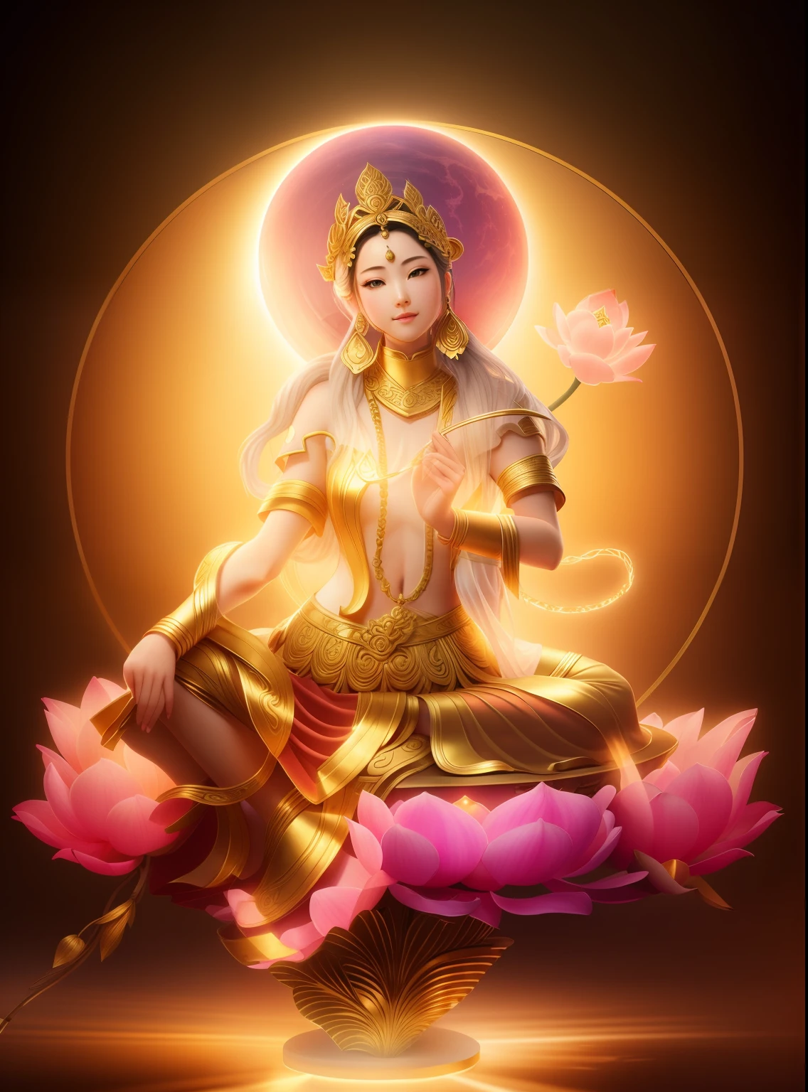 Goddess of beauty with green skin,Sitting on a lotus flower holding a lotus flower, ((Pink lotus)),Wear a light brown dress,The skin is delicate and white,crown,Yingluo,Anatomically correct UHD curate,超高分辨率, best qualtiy, photore, 8K, (realisticlying: 1.2),A golden glow overhead(The halo:1.2),golden headdress,Brighter,tmasterpiece,best qualtiy,Complicated details,Light environment and crystals in the background,crystal,Portal of the future,3D light,k hd,magia,God of Light,The light from the back window is backlighted,详细的脸,depth of fields,Gentle lighting,Tone-mapping,highly detailed,concept-art,Smoothness,Clear focus,Dramatic lighting,highly detailed art,cinematic ligh,8K,amazing shadows(highly detailed back ground:1.2)an ancient Chinese goddess, Sit gracefully on a lotus, gilded lotus princess, Pink Lotus Queen, Realiy, sitting on a lotus flower, Lotus,3Drenderingof。