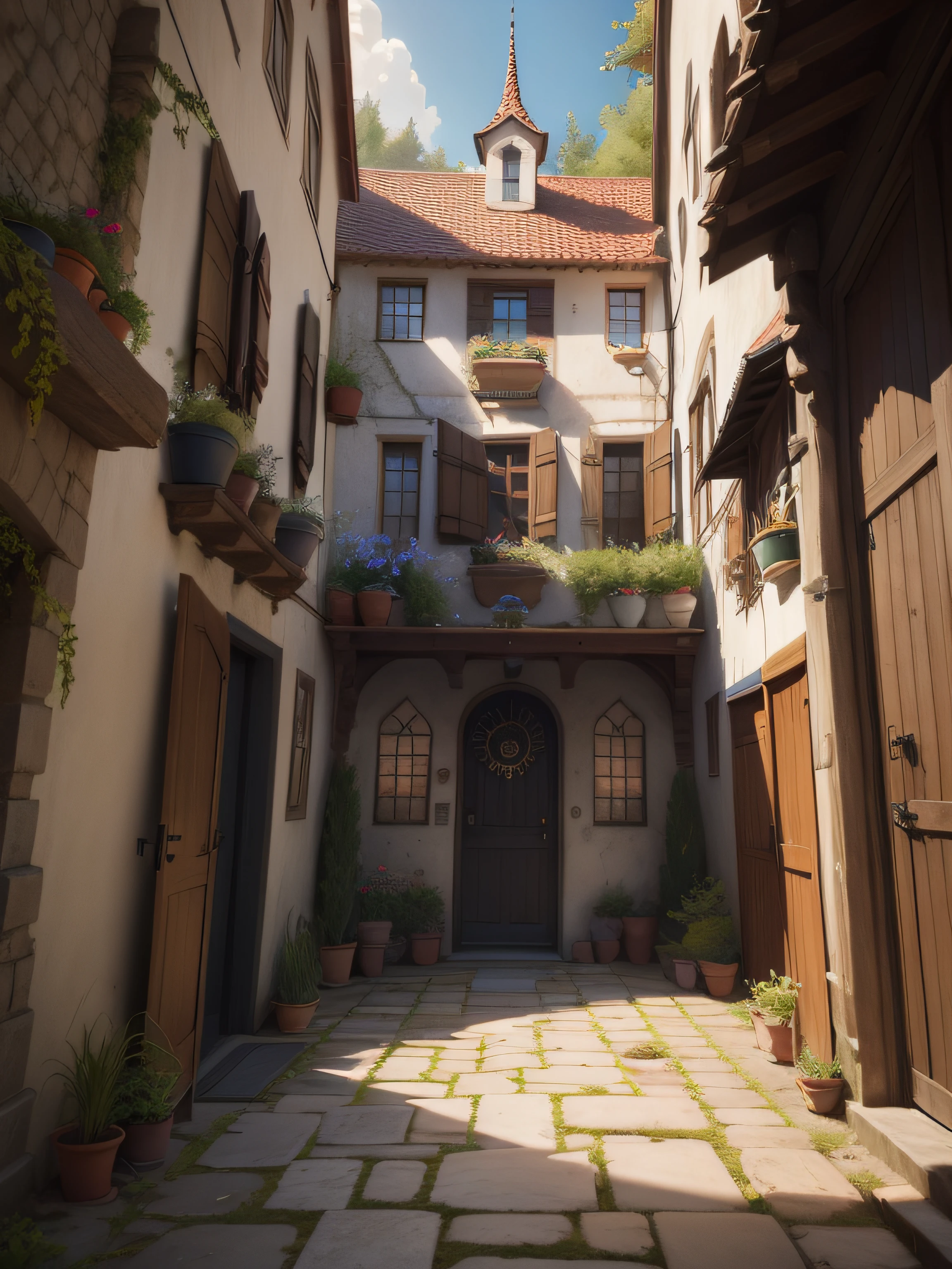 There is a picture of a beautiful courtyard with beautiful plants, a large colorful cat lies on the floor and sleeps, Unwirkliche Engine-Fantasy-Kunst, stilisierte Konzeptzeichnungen, Beautiful rendition of a fairy tale, Inspiriert von Senior Environment Artist, Unreal Engine Rendern von Konzeptzeichnungen, Ein weiter, offener Innenhof in einem epischen Dorf, Unreal-Engine, Realistisches Fantasy-Rendering, Photorealistisch, viele Kontrastreiche Destails, satte Farben