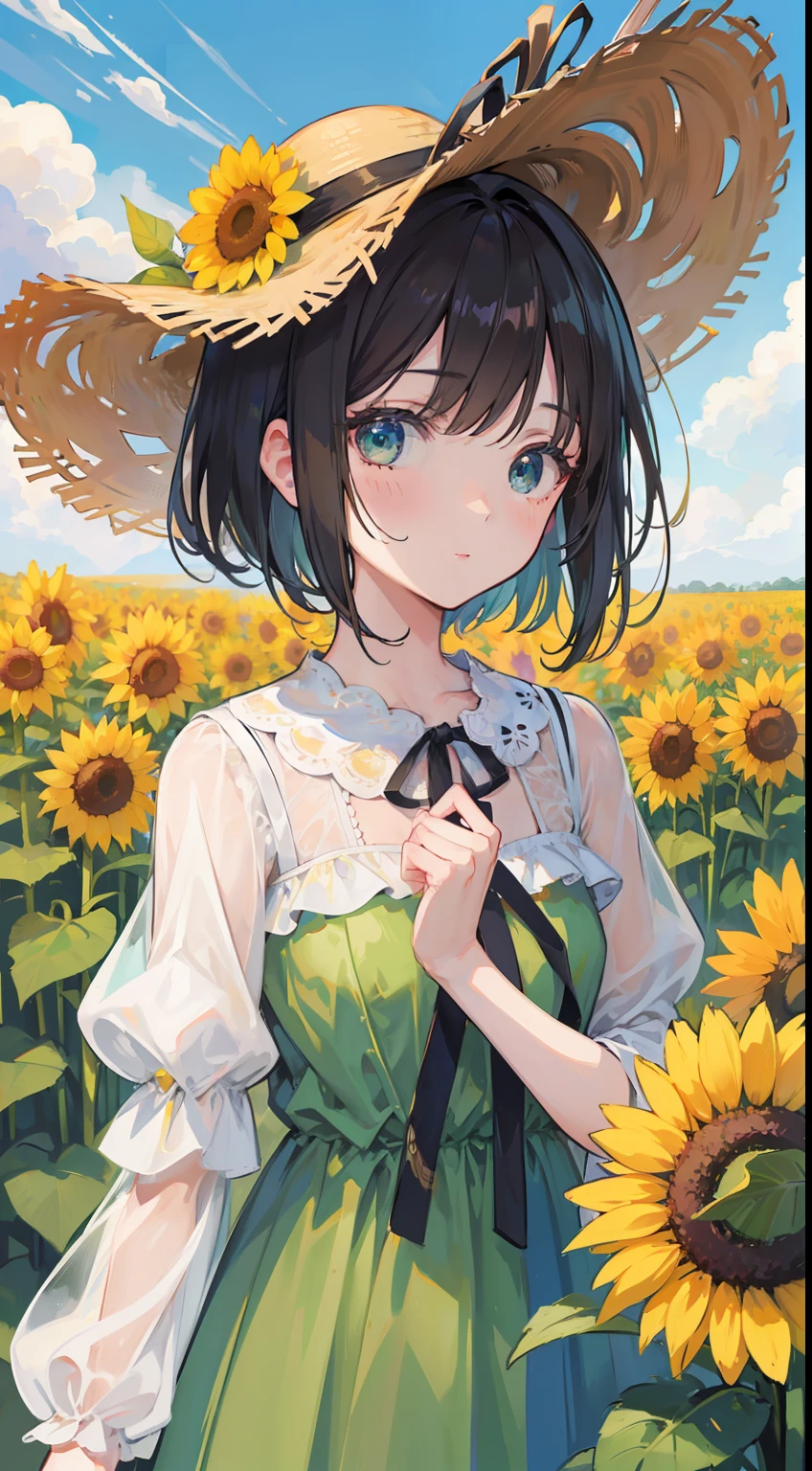 high high quality，tmasterpiece，Delicate facial features，Delicate hair，Delicate eyes，Delicate hair，animemanga girl，himawari， Straw Hat Hat，Short brunette hair，Green dress， Fantastic flower garden，Beautiful sunflowers，romanticism lain,  anime art style，(Anime girl), anime artsyle，8K high quality detailed art（Delicate facial portrayal）（Fine hair portrayal）（highest  quality）（Master masterpieces）（High degree of completion）（a sense of atmosphere）8k wallpaper，tmasterpiece，Best quality at best，ultra - detailed