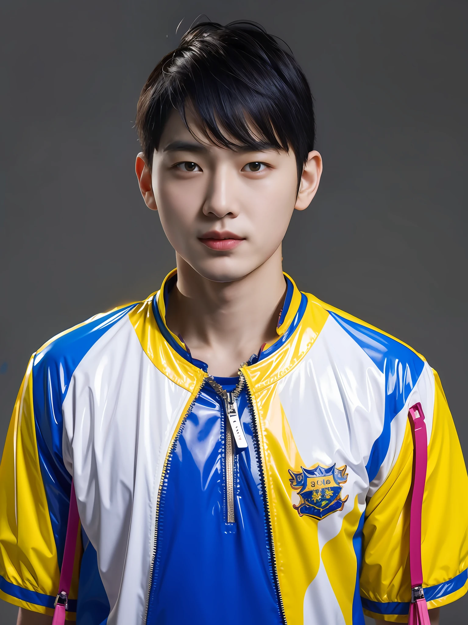 Chinese male high school student，Wear a PVC colored summer short-sleeved T-shirt，There are zippers