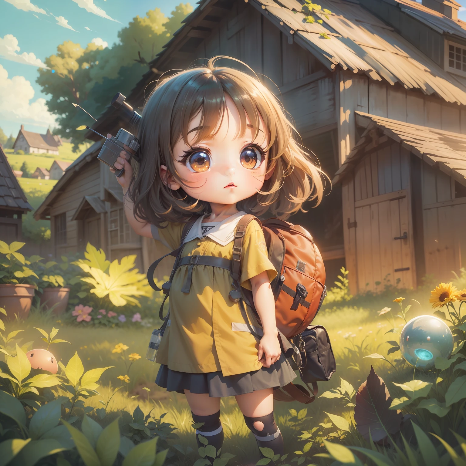 very low view, ultra detailed manga style drawing of a cute chibi kid with big and round shiny eyes, dynamic pose, in a farm, bold tetradic colors, daylight, backlit, highly illuminated, proffesional illustration, closeup, visually rich, anime, JRPG, enchanting, emotionally evocative, detailed environment, sharp focus, flat lighting, 2d, cartoon, vector, oil painting by MSchiffer, lens flare