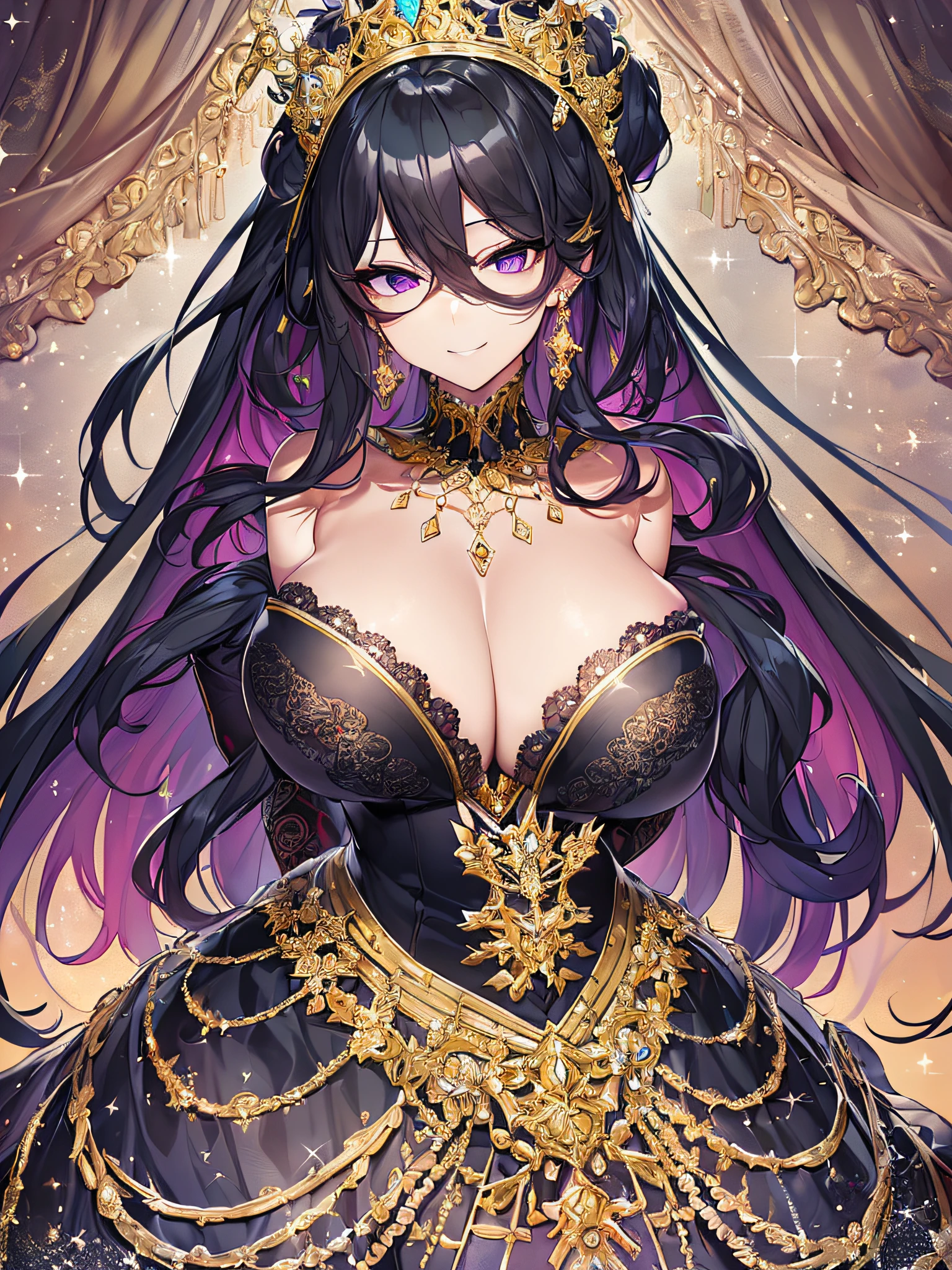 ((anime artstyle)),(Masterpiece),(Best Quality), (Super Detail),((Very Delicate and Beautiful)),((Solo)),((full body)),((1 arrogant queen in glitter jeweled black and gold gorgeousfull ball gown with voluminous fluffy skirt)),((BlingBling)),((arrogant)),(((haughty smile))),(Purple eyes),Sharp eyes,detailed face and eyes,jewel-like eyes,((Very Long voluminous black Hair)),Straight Hair,((Bangs between eyes)),((gorgeousfull embroidery and lace)),gorgeous corsage,See-through,gorgeousfull hair ornament,gorgeousfull glitter jeweled tiara,ornate ruffles,((gigantic breasts,Long breasts)),skindentation,((full body)),((hoop skirt,crinoline)),gorgeousfull jewelry ornaments,Dynamic Angle,Looking at viewer,royal gorgeous palace,(((gorgeous embroidery and glitter jeweled black and gold gorgeousfull ball gown with voluminous fluffy skirt))),(full body)