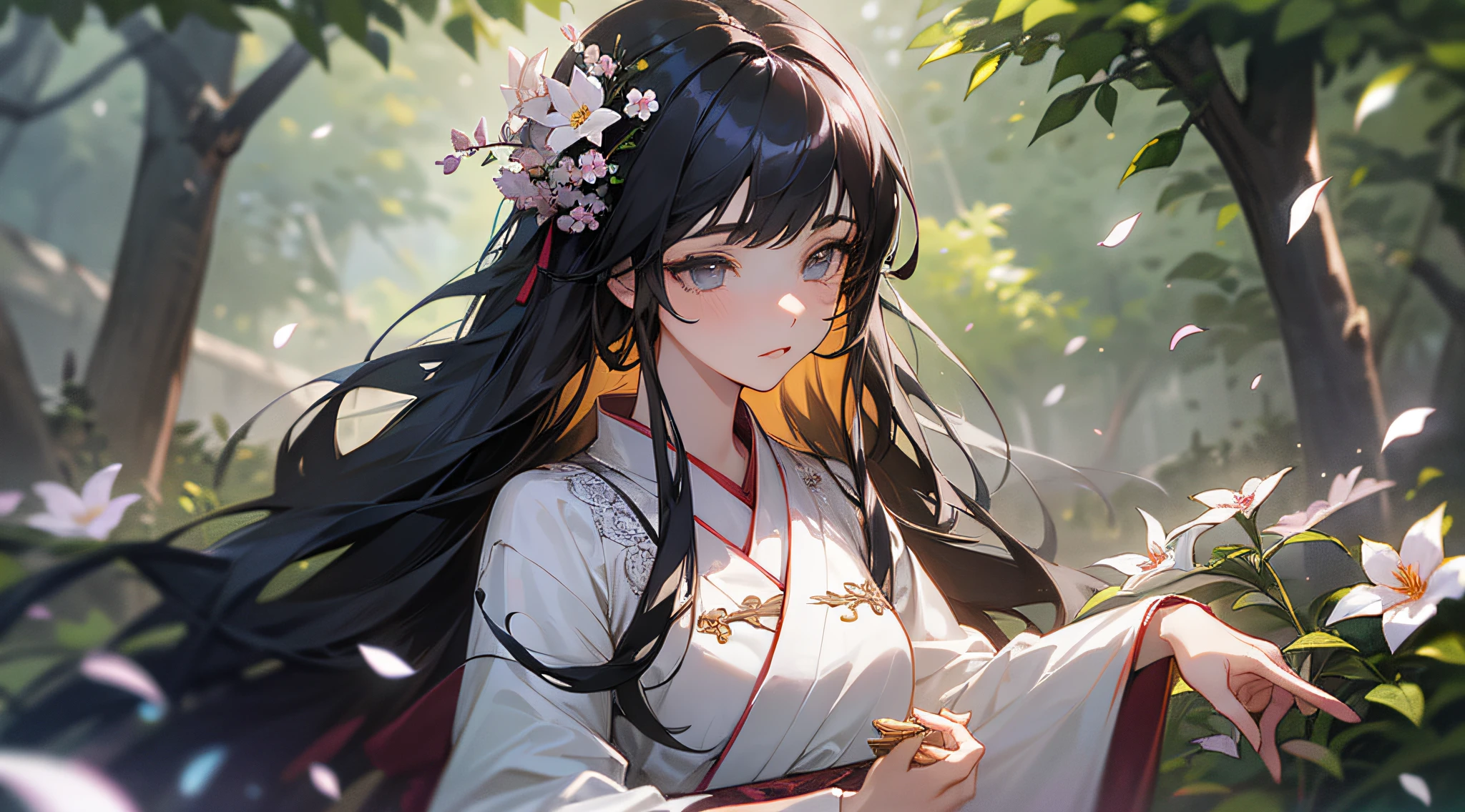 (Girl:1.5),Lace,Ribbon,Hanfu,(Masterpiece, Side Light, Delicate Beautiful Gray Eyes: 1.2), Masterpiece, Realistic, Luminous Eyes,Glossy Hair, Black Hair, Long Long Hair, Shiny Skin, Solo, Shameful,Strapless,Exquisite,Beautiful,Garden,Flower,Flying Petals,