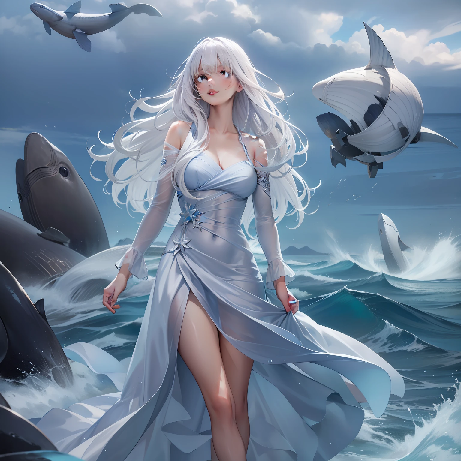 1 girl,frontage,long layered silvery white hair,with a touch of blue,Short white dress,high-heels,standing on the sea side,8K quality,A detailed,High value