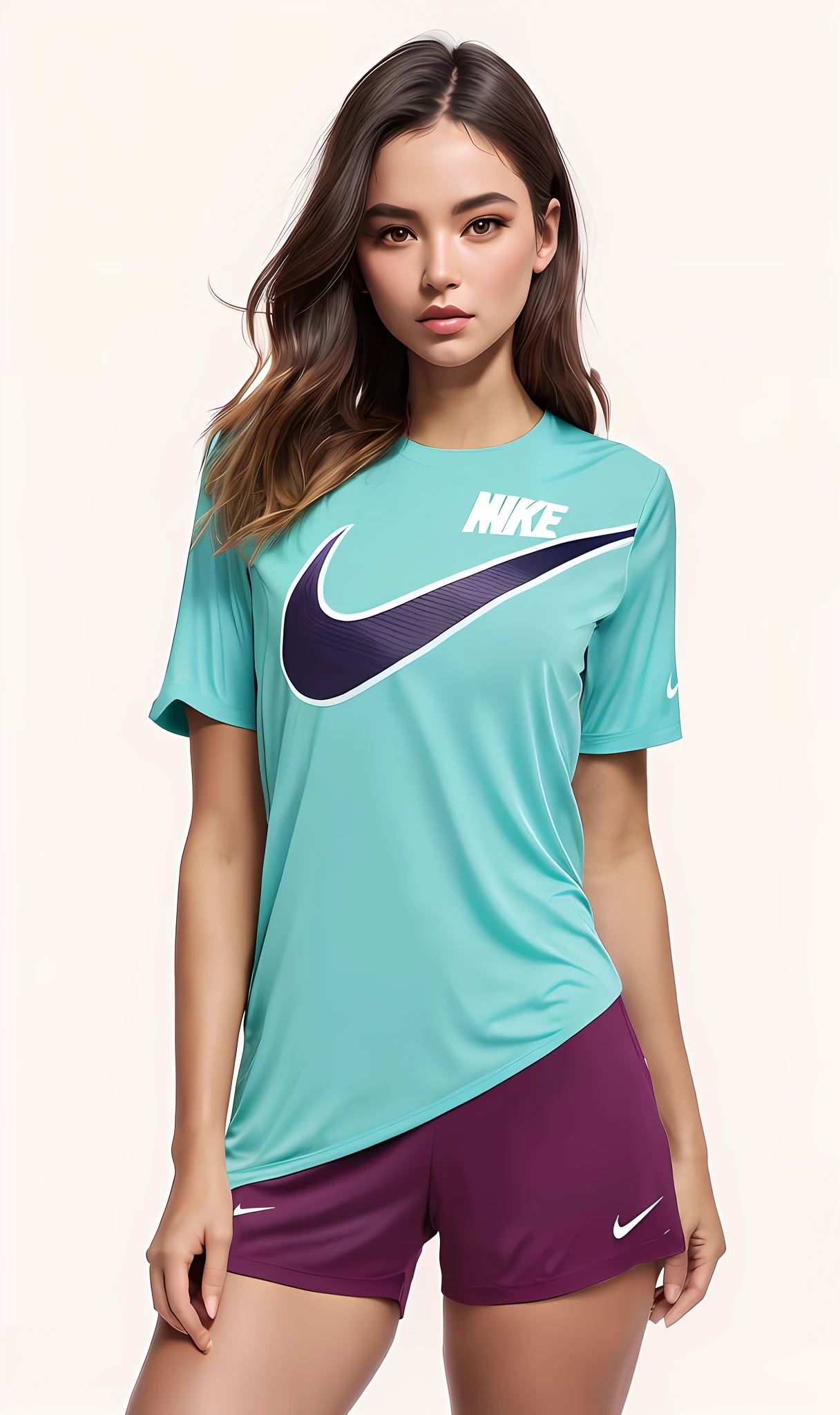 uma mulher de camisa branca e bermuda roxa posando para uma foto, camisa Nike, Logotipo pequeno da Nike, Nike, roupas esportivas, nike logo, roupas esportivas, com roupas de preta, roupas esportivas fofas, foto oficial do produto, uniforme de teal, Swoosh, mangas curtas, wearing a volleyball jersey, sem gradientes, graphic tees, textura, Mais vendidos, tennis wear, Lookbook