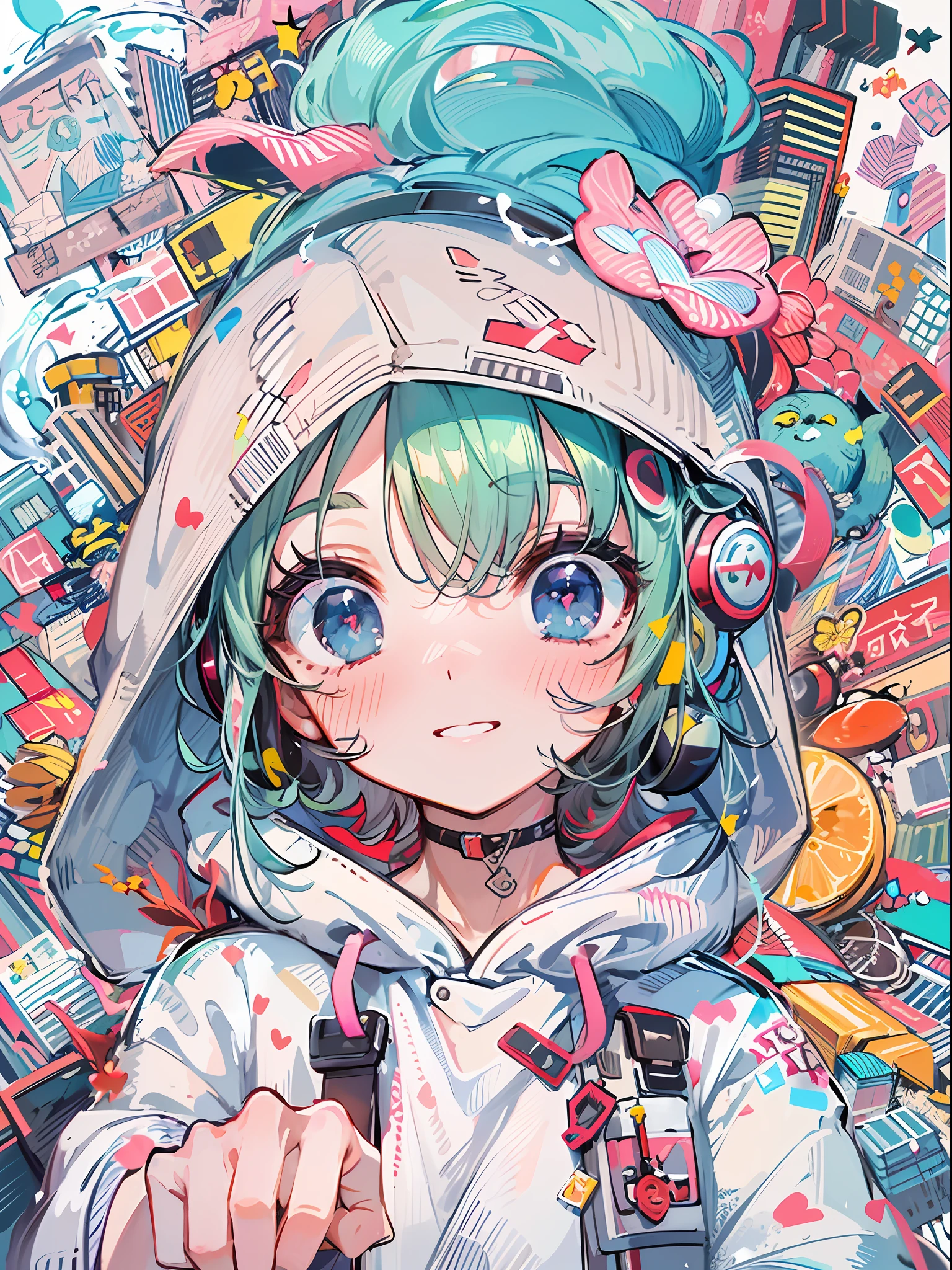 8K分辨率、((top-quality))、((masterpiece))、((ultra-detailliert))、1 woman、独奏、incredibly absurdness、Oversized hoodies、headphones、Street、plein air、Sateen、neons、Shortcut Hair、Brightly colored eyes、Hands in pockets、shortpants、water dripping