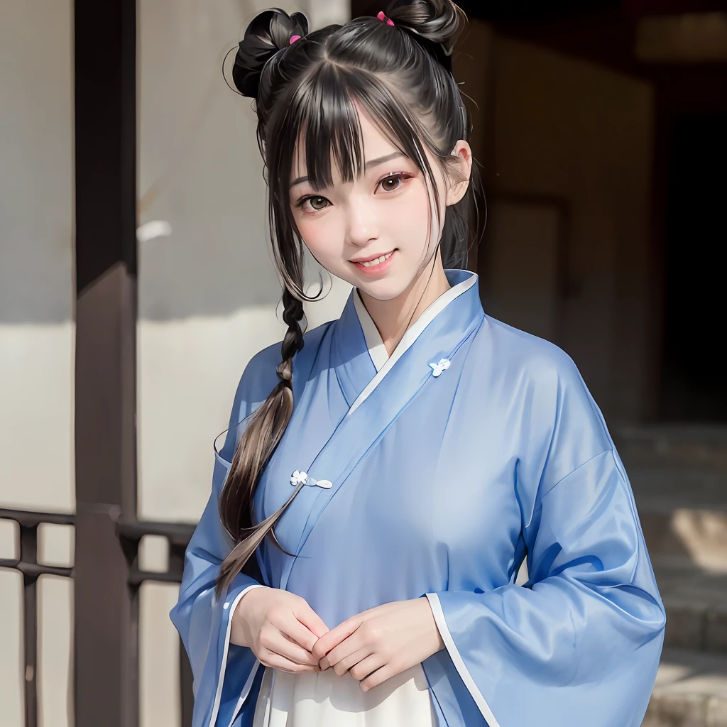 (超高分辨率,Photorealistic,Realistic,Best quality,photo-realistic), (highdetailskin,Visible pores),(Real Human,photographed), (((Blue Hanfu,Chinese style))),Realistic,Simple background,Upper body, (8K, RAW photo, Best quality, Masterpiece),(1 girl),photon maping, Radio City, Physically-based rendering,automatic white balance,(((haunting smile,Long hair))),Watery eyes, (Blush|Cute and playful|Adorable|Skinny|Thick bangs|Beauty|double tails|hair-bun,),(view the viewer),(irises and pupils are rounded,the pupil reflelts the surroundings,Eyes are not the same size), Chinese street, scenery, Morning