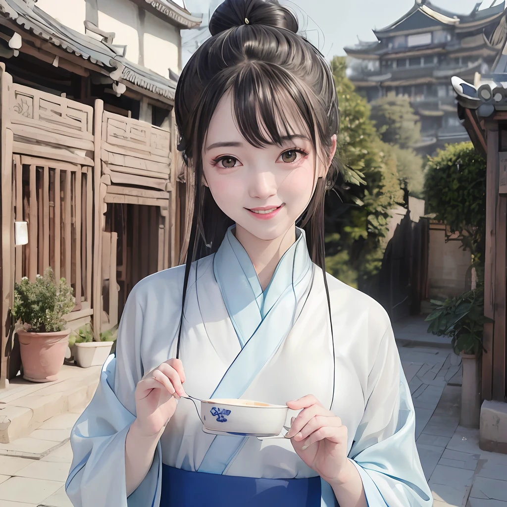 (超高分辨率,Photorealistic,Realistic,Best quality,photo-realistic), (highdetailskin,Visible pores),(Real Human,photographed), (((Blue Hanfu,Chinese style))),Realistic,Simple background,Upper body, (8K, RAW photo, Best quality, Masterpiece),(1 girl),photon maping, Radio City, Physically-based rendering,automatic white balance,(((haunting smile,Long hair))),Watery eyes, (Blush|Cute and playful|Adorable|Skinny|Thick bangs|Beauty|double tails|hair-bun,),(view the viewer),(irises and pupils are rounded,the pupil reflelts the surroundings,Eyes are not the same size), Chinese street, scenery, Morning