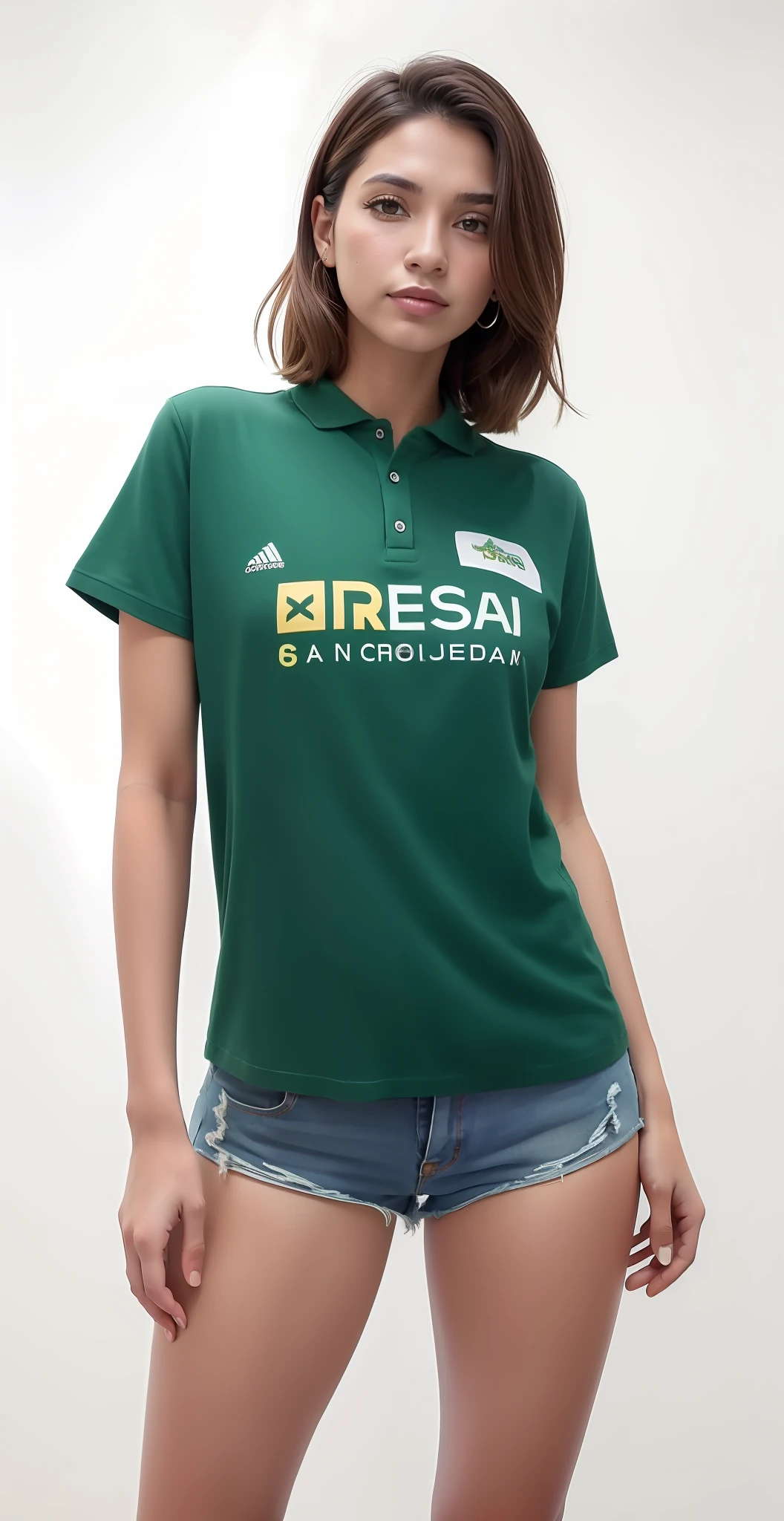 Mulher de camisa verde e bermuda jeans posando para foto, inspired by Géza Dósa, foto oficial do produto, imagem oficial do produto, verde profundo, camisa verde, Tamara de Lepika, em uma camisa polo verde escuro, inspirado em Christen Dalsgaard, foto detalhada do produto, inspired by Dóra Keresztes