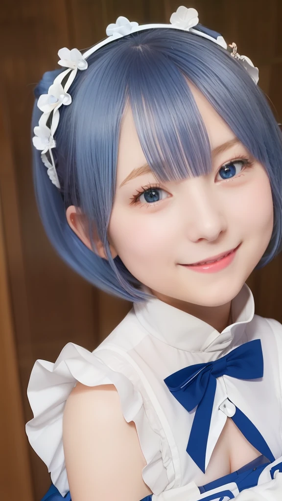 Best Quality, masutepiece, Flem, 1girl in, Blue hair, Solo, maid,cute little、japanes、A smile