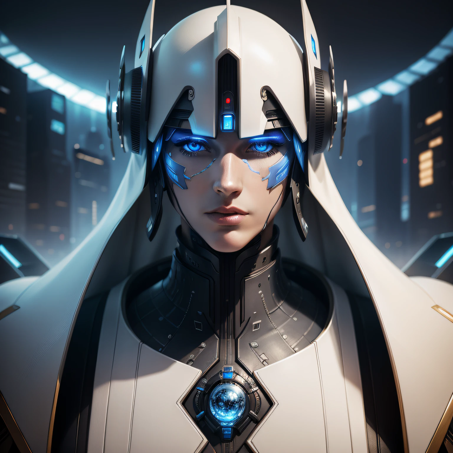 Huge metropolis in a dystopia of the future，Huge robot stands in front of a man in a white suit，Beautiful and beautiful，tmasterpiece，opulent，Blue color scheme，delicated face，Futuristic，Highly detailed skin，Realistic details of skin