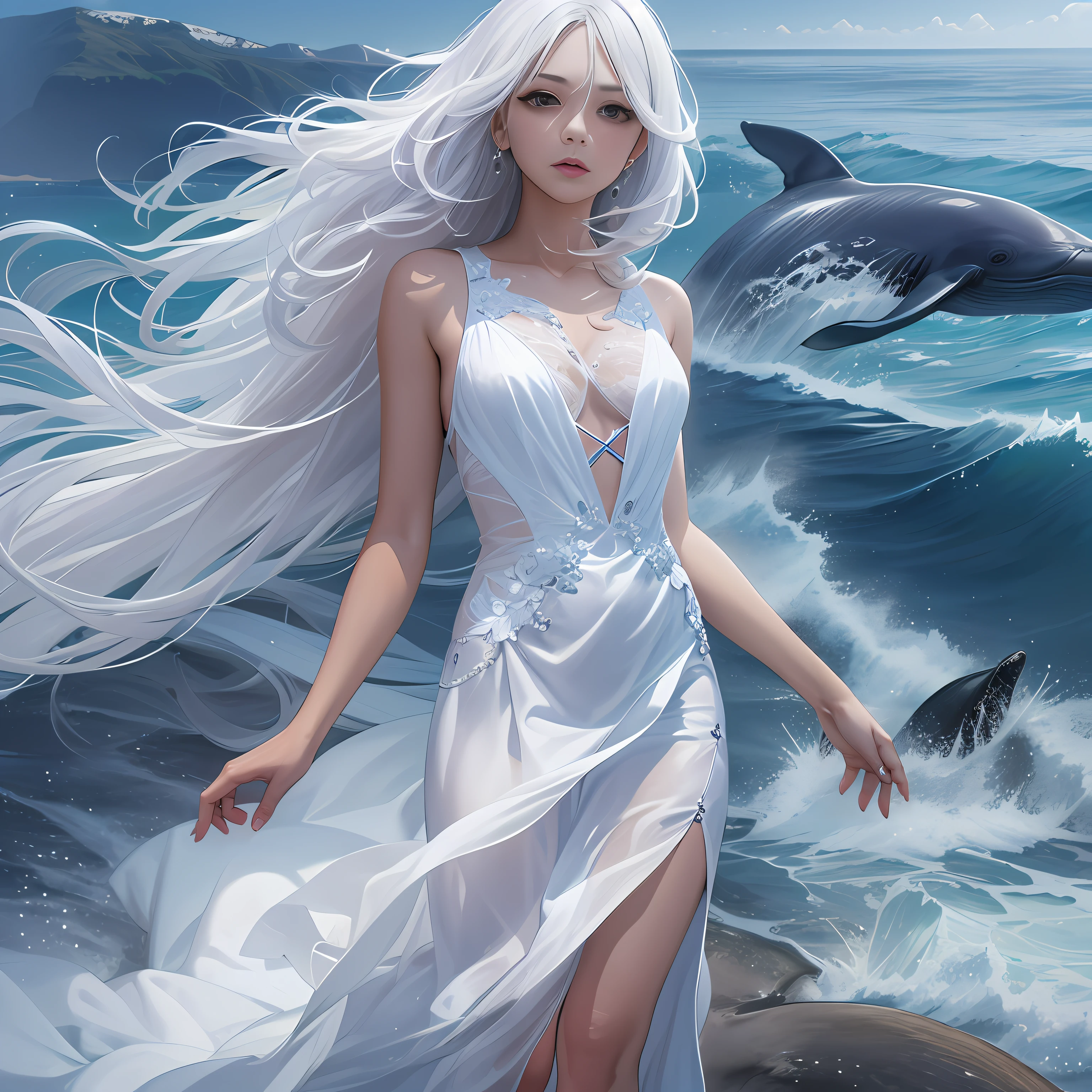 1 girl,frontage,long layered silvery white hair,with a touch of blue,Short white dress,high-heels,standing on the sea side,Whales leap out of the sea,8K quality,A detailed,High value