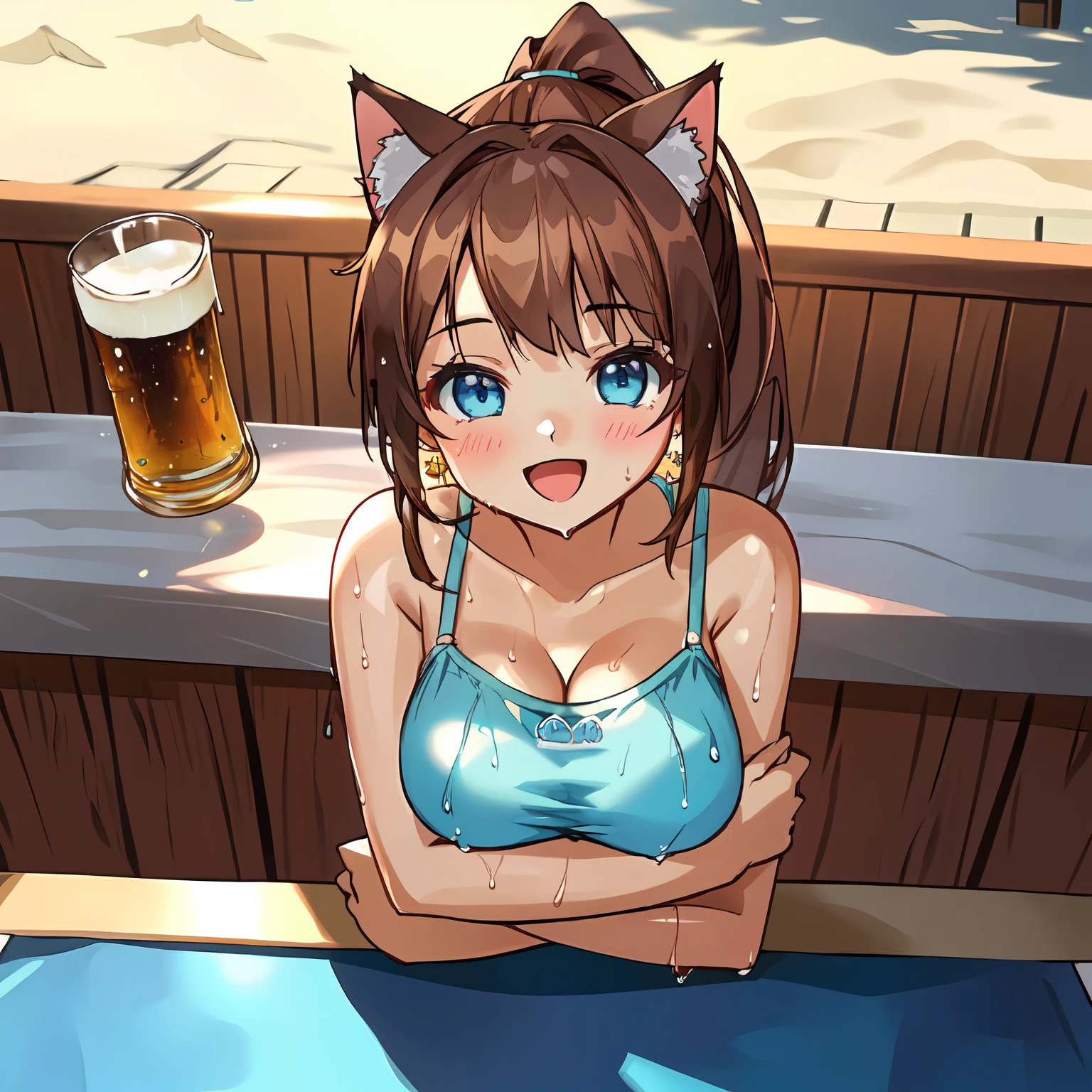 (Highly detailed CG Unity 8k wallpaper), (Best Quality), (Super Detail), (Best Illustration), (Best Shadow), POV, Realistic lighting and shading, Natural light, Lens flare effect, BREAK, 1 beautiful girl, Solo,(Cute:1.5),(Chibi:0.8), (kawaii:1.5),(Lori:0.5), BREAK, ( ( girl), Very detailed, colourfull, highest details, BREAK, (Huge breasts: 1. 2,), Clear skin, Beautiful skin, Shy skin, 1 beautiful girl, Brown hair, (Cat ears, Ponytail, medium-Long hair: 1. 2), (Light blue eyes, long eyelashes, Double eyelids: 1. 2), Solo, gleaming skin, BREAK,(Wet Casual Beachwear:1.2), (lightweight summer one-piece dress:1.2), (star-shaped earring:1.1), (Lace headband:1.0), (Cute Accessories:1.3), (Maternal expression of a smile :D:1.1), (Drinking beer:1.2), (inside the house,Tavern background,Drink at the counter:1.3), (Holding a large float with both arms:1.1), BREAK,🍻🍺, Drunk, Laughing, Open mouth, Camisole,Upper body, From above,
(breasts on table:1.2), (breast rest:1.2),