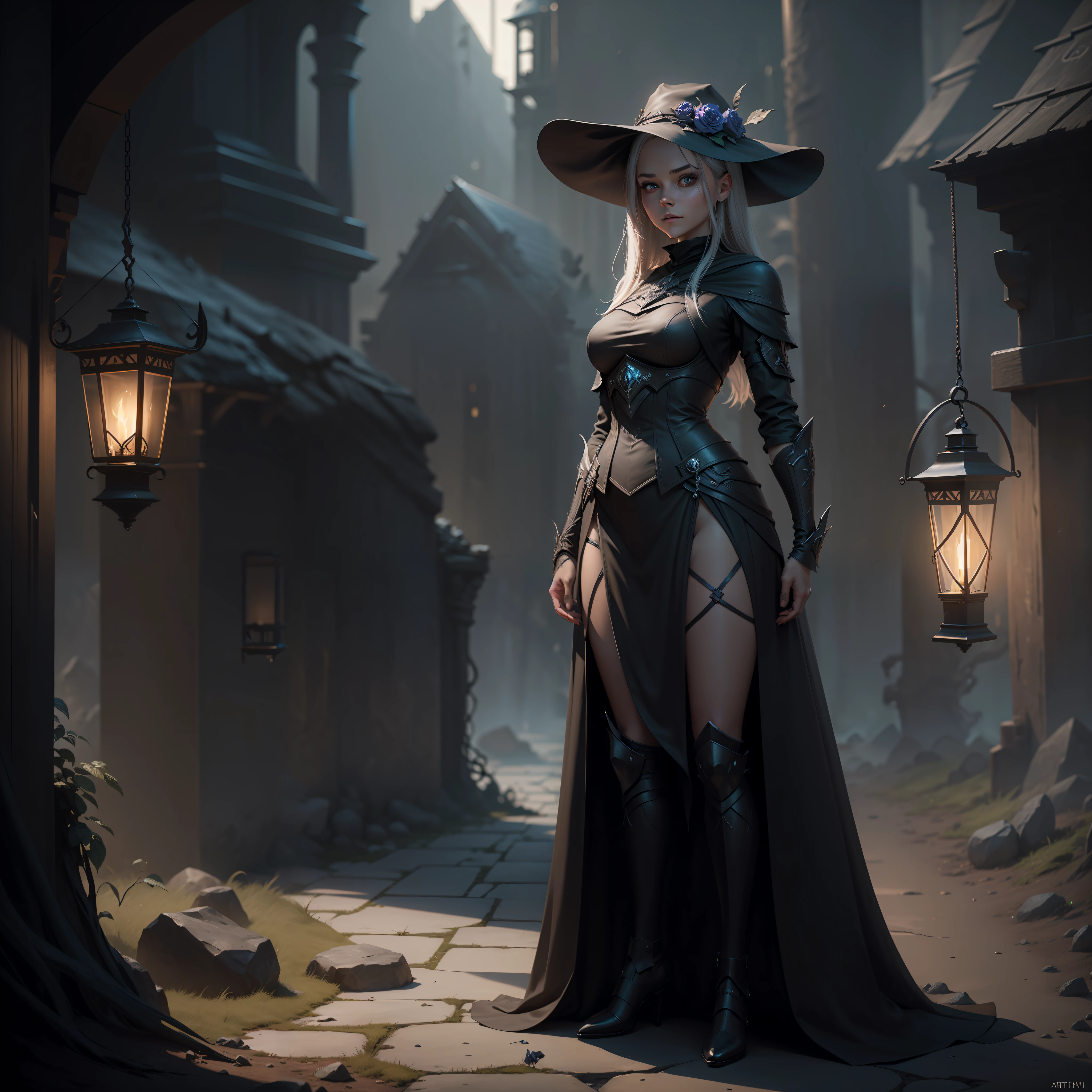 Full length portrait of a girl in a dark suit with a lantern in her hand, unreal engine fantasy art, 8k fantasy art, D&d trending on artstation, 4K fantasy art, an ominous fantasy illustration, epic fantasy game art, Dark fantasy concept art,