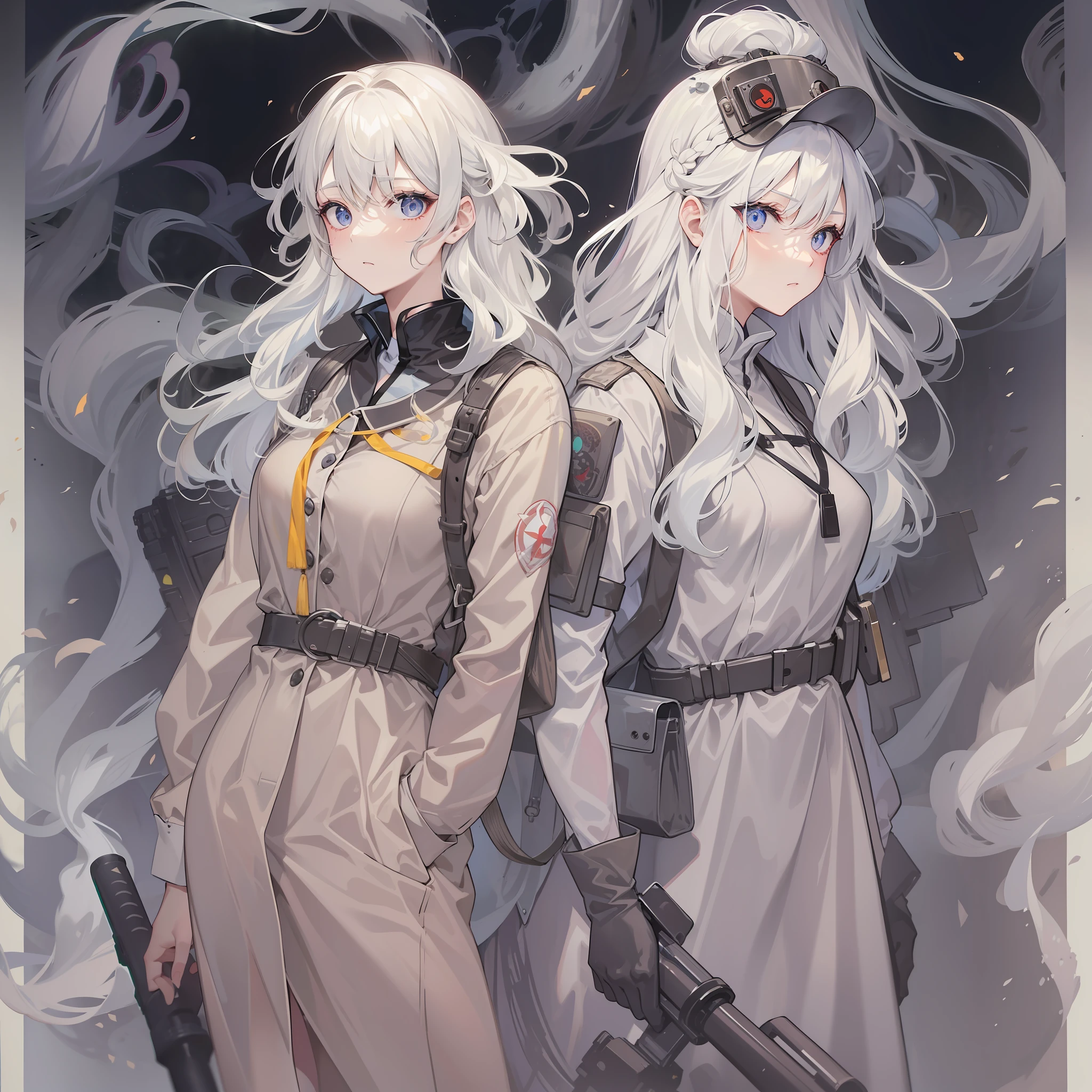 There are two。Otherworldly enemies。The enemy has long silver hair。Enemies are dressed as ghosts。The enemy is looking languidly。I'm a short blonde。I'm dressed as Ghostbusters。I look at it with serious eyes。It is an illustration of the highest quality。It is a beautiful illustration。