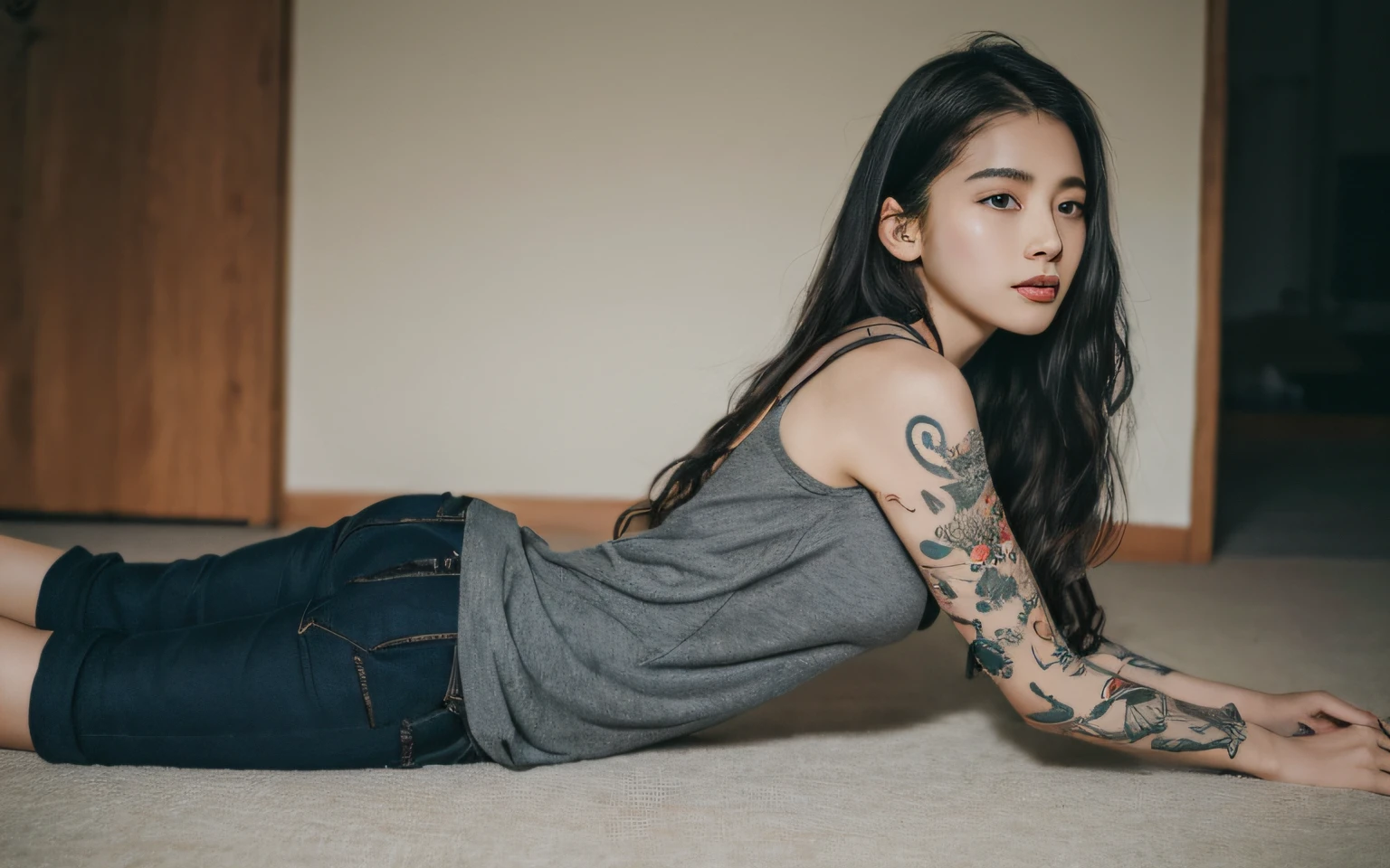 8k, top-quality, hight resolution, realisticlying, realperson, A girl is on all fours trying to seduce me、Beckoning、Large tattoo on the neck、Tattoos on the shoulders、Tattoos on the back、tight short pant