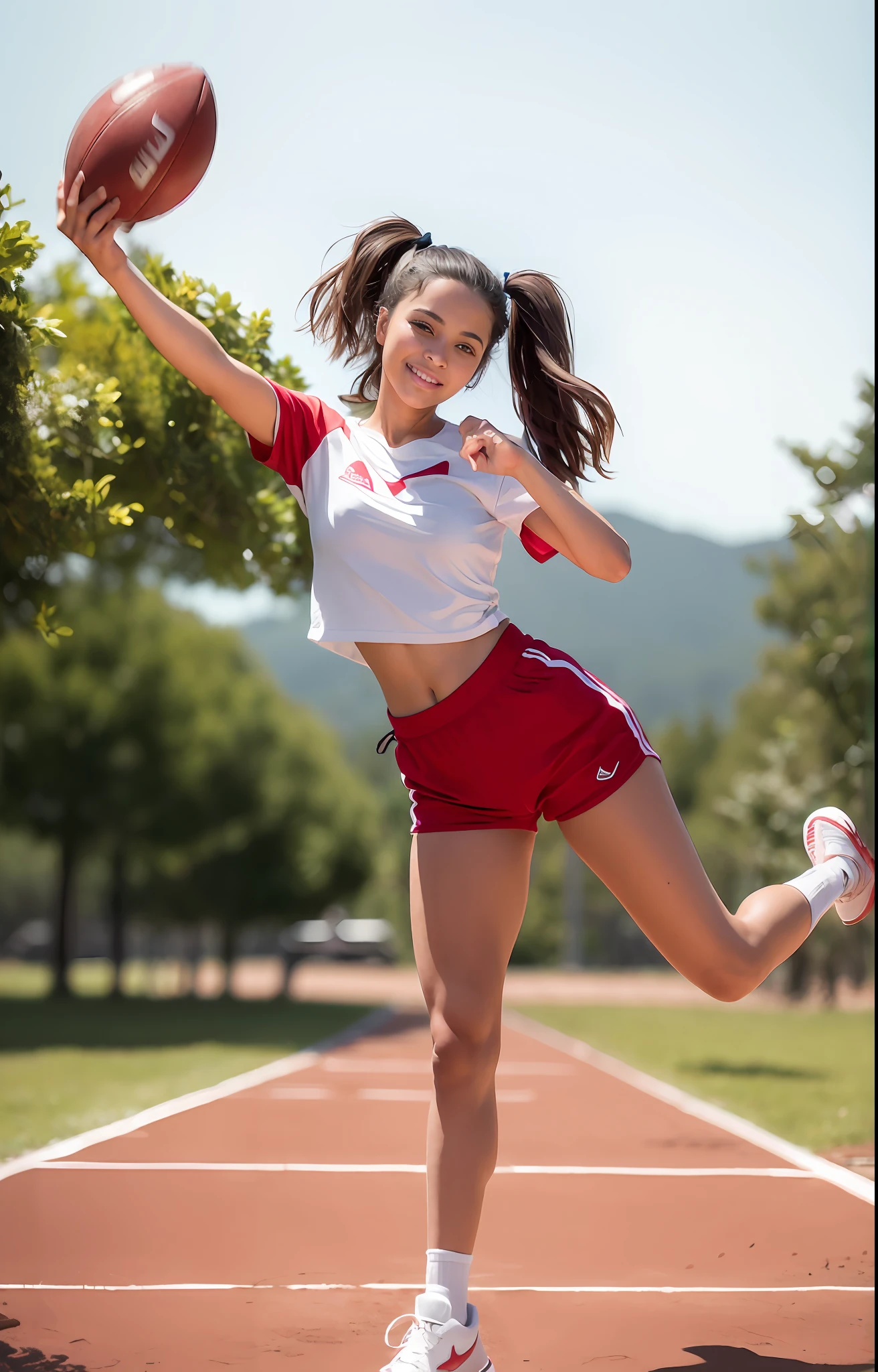 (8K, Best quality, Masterpiece:1.2), (Realistic, photo-realistic:1.37), Ultra-detailed, 1 girl,cute face,ssmile:1.5,Red sport half sleeves,Red sport over-the-knee shorts,white legwear,White sneakers,Football in one hand,Raise your left hand upwards,full bodyesbian,standing on your feet,Fine hand details:1.5,