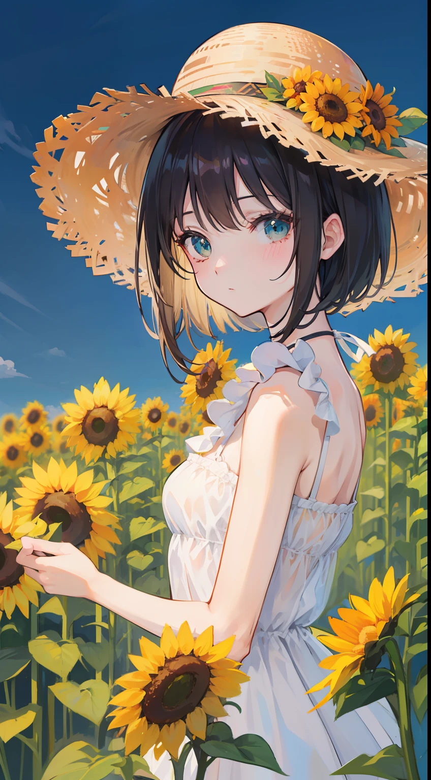 high high quality，tmasterpiece，Delicate facial features，Delicate hair，Delicate eyes，Delicate hair，animemanga girl，himawari， Straw Hat Hat，Short brunette hair，Green dress， Fantastic flower garden，Beautiful sunflowers，romanticism lain,  anime art style，(Anime girl), anime artsyle，8K high quality detailed art（Delicate facial portrayal）（Fine hair portrayal）（highest  quality）（Master masterpieces）（High degree of completion）（a sense of atmosphere）8k wallpaper，tmasterpiece，Best quality at best，ultra - detailed