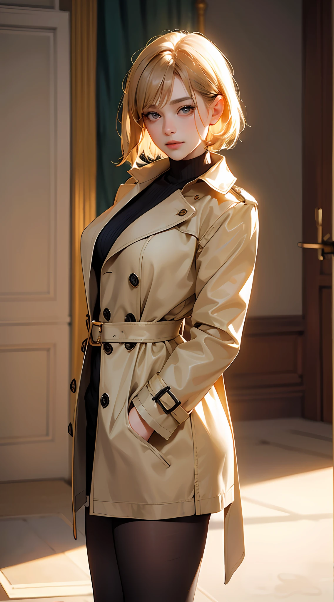 PM, (Sexy underwear and beige trench coat:1), Golden Fringe Shorthair, Light brown eyes, 1girl in, 20yr old, Innocence, (Photorealsitic), (​masterpiece, :1.3),(top-quality:1.4), (超A high resolution:1.2), 超A high resolution, (A detailed eye), (detailed facial features), nffsw, 8K分辨率, (lensflare:0.7),Colossal tits、tights