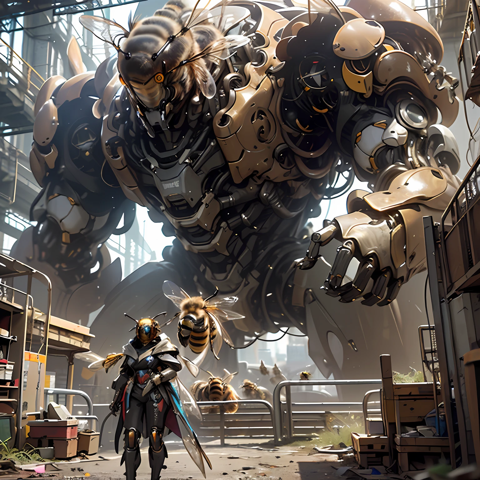 A huge mechanical monster,Fearsome metal monsters,(Bionic machinery(/honeybee/):1.3), Hexagonal lines cover the whole body, Ul, biopunk cyborg wasp,hyper HD, retinas, Anatomically correct, Textured skin, Super detail, Best quality, A high resolution,Connected by countless pipes,Huge gestalt,The dominance of group consciousness,cyber punk perssonage,Mechanized biology,Gold casing,It consists of large rusty industrial waste and some steel wire,Immense majesty,Giant mechanical monsters,Giant monster,(Fantasy composition:1.3)