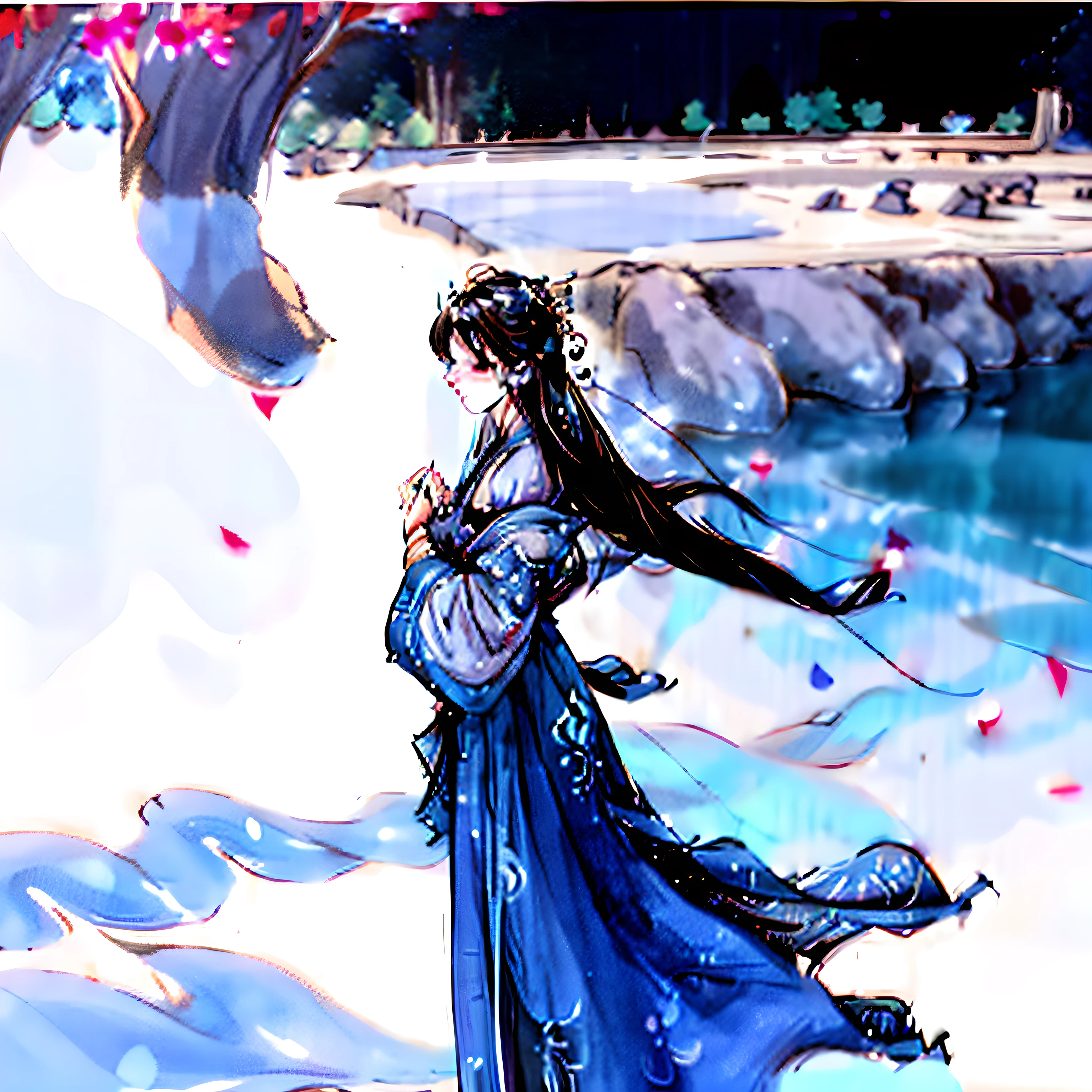 Painting a woman in a blue dress standing in a pool, Palace ， A girl in Hanfu, Anime girl walking on water, Asian Woman Water Elemental, full-body xianxia, a beautiful fantasy empress, by Yang J, ((a beautiful fantasy empress)), A beautiful artwork illustration, Princesa chinesa antiga, Beautiful anime style, Beautiful anime