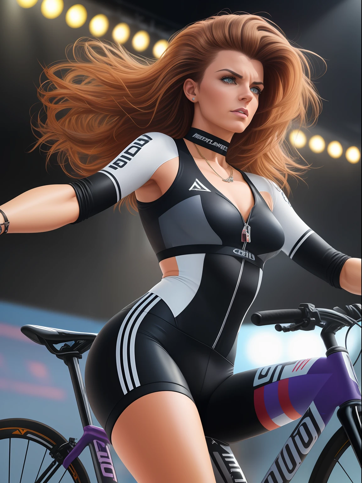 A (waist up:1.2) cinematic photorealistic color digital painting of Richard Female GCN Presenter Manon Lloyd, road bike cyclist (80's heavy metal rock star hair style:1.2) jump in stage, detailed face, insanely detailed and intricate, crisp sharp and clear, volumetric lighting, ultra-high resolution, masterpiece hyper realistic artwork of Don Lawrence, centered, Professional color grading by Kenneth Hines Jr.