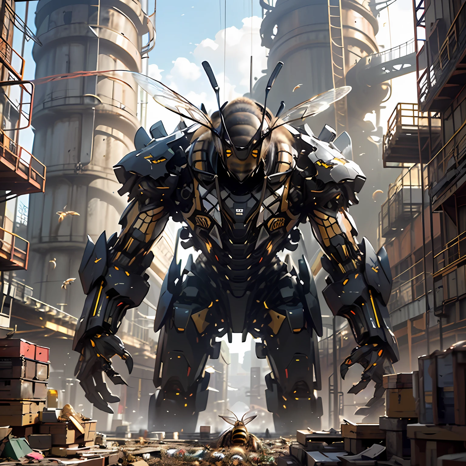 A huge mechanical monster,Fearsome metal monsters,(Bionic machinery(/honeybee/):1.3), Hexagonal lines cover the whole body, Ul, biopunk cyborg wasp,hyper HD, retinas, Anatomically correct, Textured skin, Super detail, Best quality, A high resolution,Connected by countless pipes,Huge gestalt,The dominance of group consciousness,cyber punk perssonage,Mechanized biology,Gold casing,It consists of large rusty industrial waste and some steel wire,Immense majesty,Giant mechanical monsters,Giant monster,(Fantasy composition:1.3)
