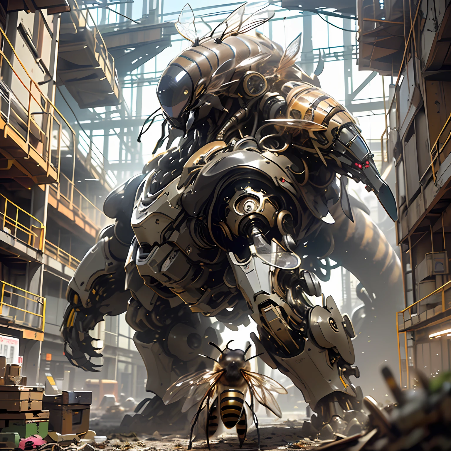 A huge mechanical monster,Fearsome metal monsters,(Bionic machinery(/honeybee/):1.3), Hexagonal lines cover the whole body, Ul, biopunk cyborg wasp,hyper HD, retinas, Anatomically correct, Textured skin, Super detail, Best quality, A high resolution,Connected by countless pipes,Huge gestalt,The dominance of group consciousness,cyber punk perssonage,Mechanized biology,Gold casing,It consists of large rusty industrial waste and some steel wire,Immense majesty,Giant mechanical monsters,Giant monster,(Fantasy composition:1.3)