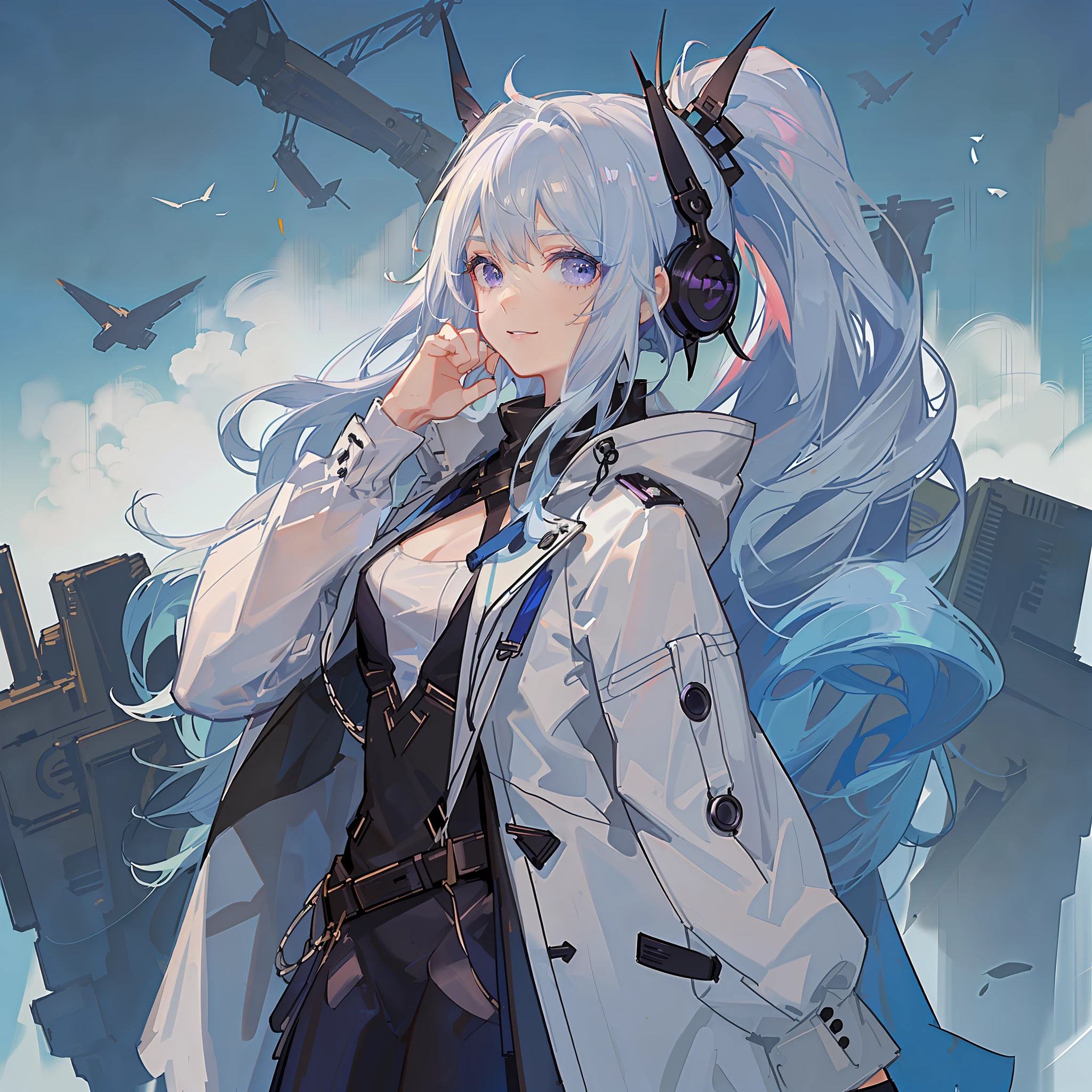 Girl with blue and white hair，Wearing a thick white coat，Large lapels，Purple eyes，Industrial style clothing，From the maiden front，From the Ark of Tomorrow，Blue strap decoration，Bust，Half-buttoned coat，Dong with a high ponytail，small，solo person，White half-button jacket，Mature girl，Black underwear bottoms，ssmile，Black tight lining，