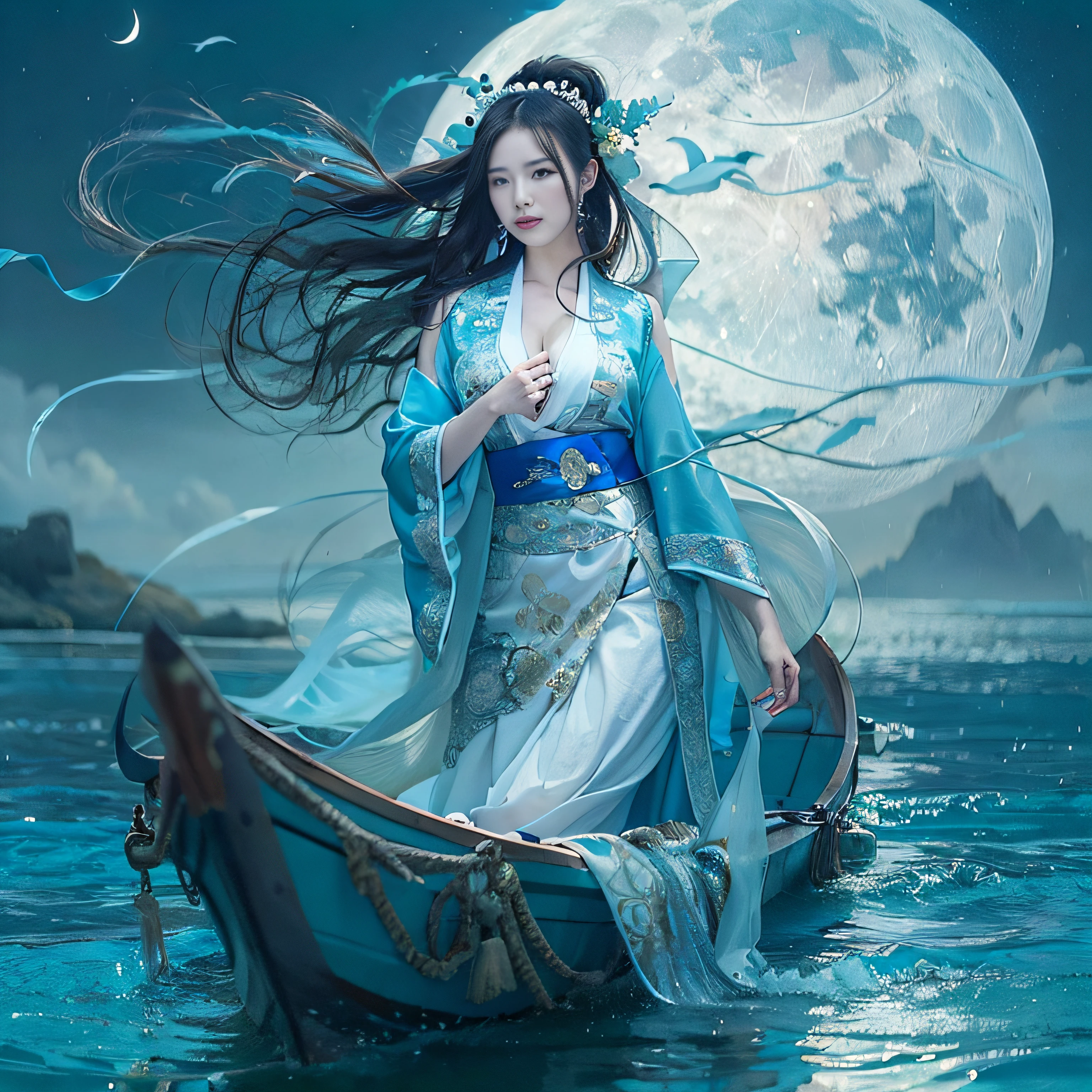 Painting a woman in a blue dress standing on a boat in the water, float under moon light at night, Chinese fantasy, lunar goddess, lunar goddess,, Wide buttock, cleavage,huge boob, tight fit clothes, Goddess of the moon, moonlit night dreamy atmosphere, inspired by Fu Baoshi, Inspired by Ma Yuan, Beautiful and mysterious, xianxia fantasy, White Hanfu, queen of the sea mu yanling,(realisticlying:1.5) 8K, tmasterpiece, best qualtiy, ultra - detailed, textur, looking at viewert, Detailed eyes, 详细的脸