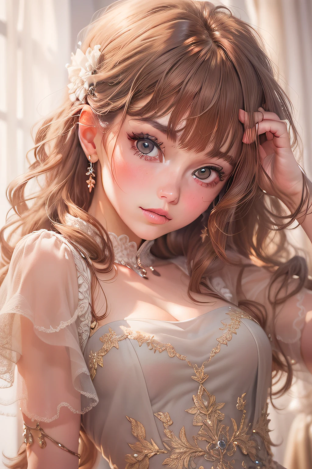 Beautiful girl in evening dress, brown-hair, brown eye, (8K, photo in RAW format, beste-Qualit, tmasterpiece:1.2), Ultra-detailed, (high-detailed skin:1.2), 8K UHD, DSLR camera, soft-lighting, hiquality
