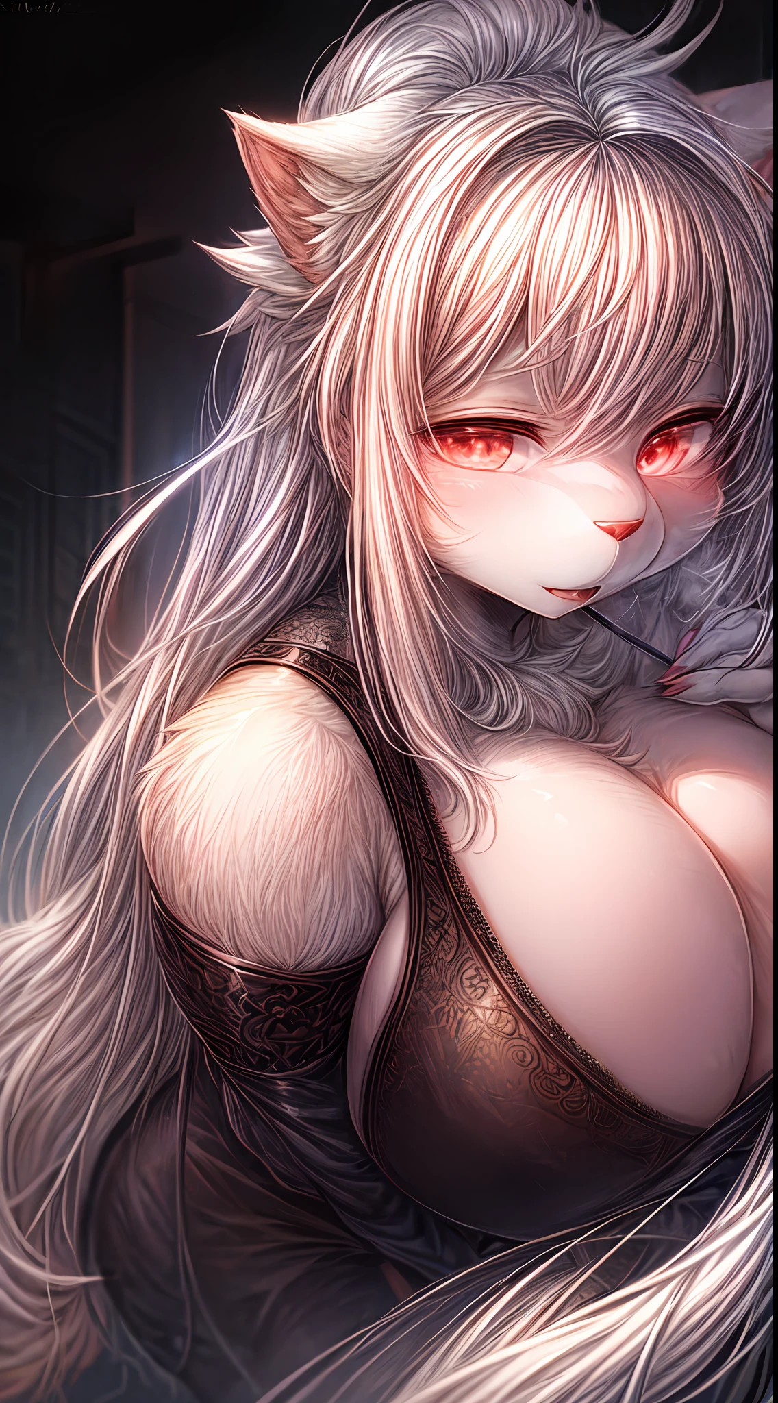 furry, long pinky white hair, dynamic lighting, on focus, black nightgown, enormous breast