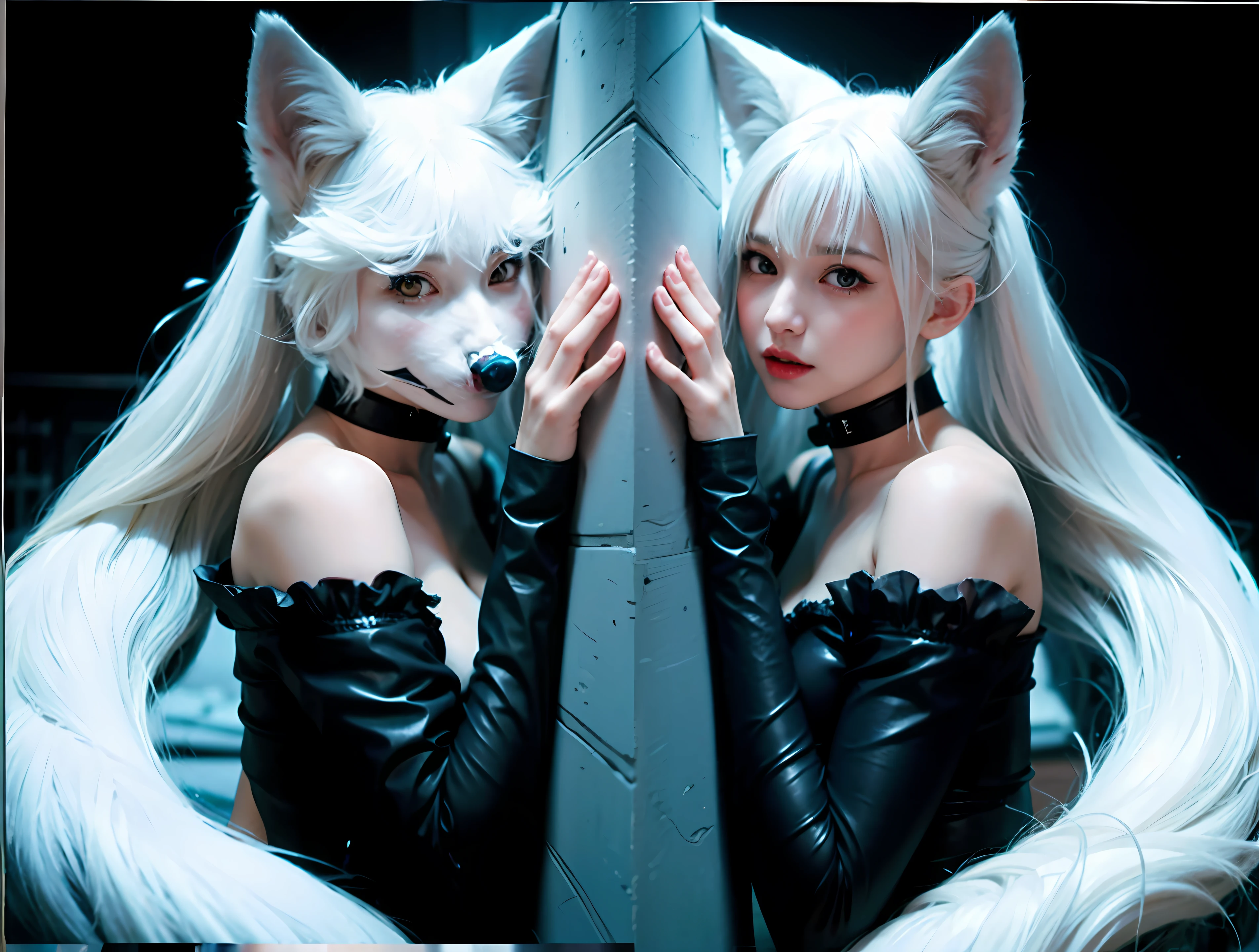 Anime girl with white hair and black leather clothes posing with white wolf, Vampire White Fox, White fox ears, White-haired fox, white fox anime, Anime girl cosplay, Anime cosplay, Tifa Lockhart with white hair, White fox, Holo is a wolf girl, glamourous cosplay, a beautiful fox lady, fox nobushi, White Cat Girl