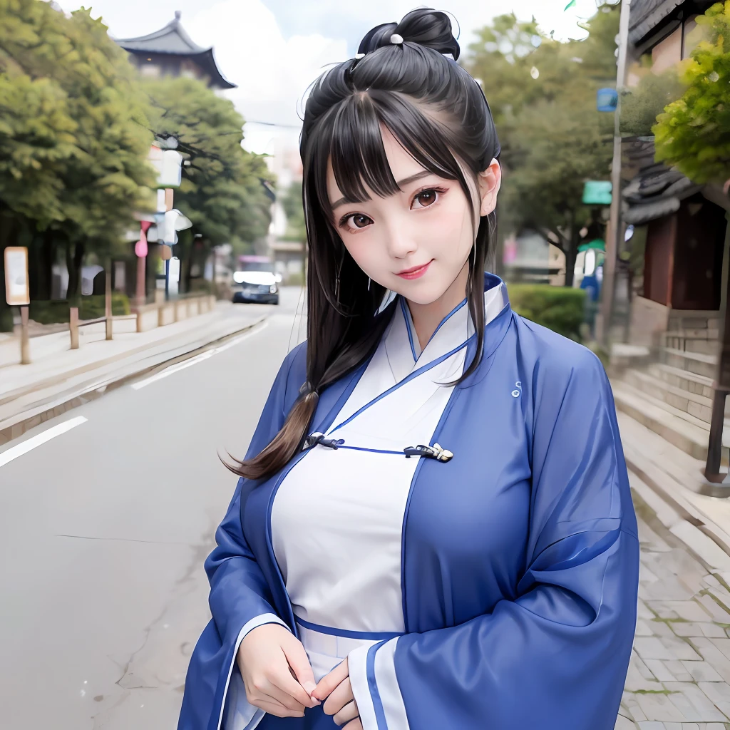 (超高分辨率,Photorealistic,Realistic,Best quality,photo-realistic), (highdetailskin,Visible pores),(Real Human,photographed), (((Blue Hanfu,Chinese style))),Realistic,Simple background,full bodyesbian, (8K, RAW photo, Best quality, Masterpiece),(1 girl),photon maping, Radio City, Physically-based rendering,automatic white balance,(((haunting smile,Long hair))),Watery eyes, (Blush|Cute and playful|Adorable|Plump body|Thick bangs|Beauty|double tails|hair-bun,),(view the viewer),(irises and pupils are rounded,the pupil reflelts the surroundings,Eyes are not the same size), Chinese street, scenery, Morning